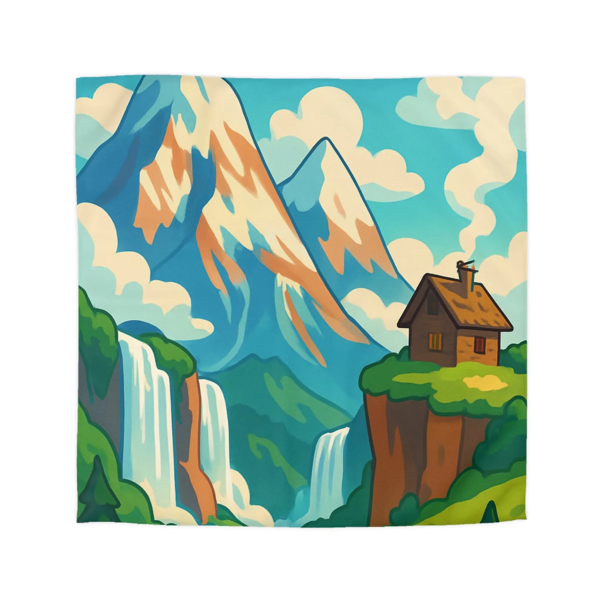 Housse de couette illustrée montagne, aigle majestueux et cascades dans la nature