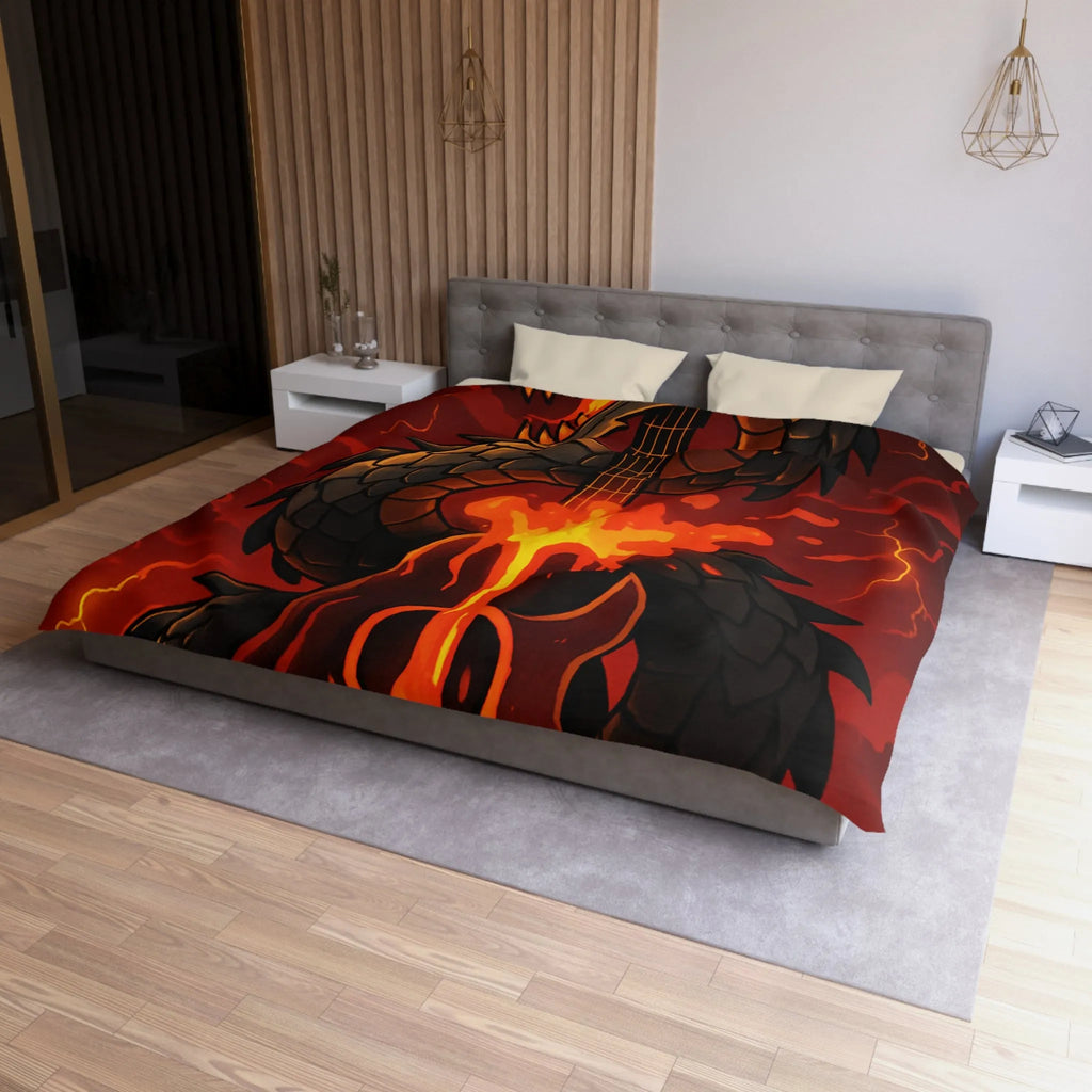 Housse de couette avec dragon noir majestueux et flammes incandescentes, ambiance épique