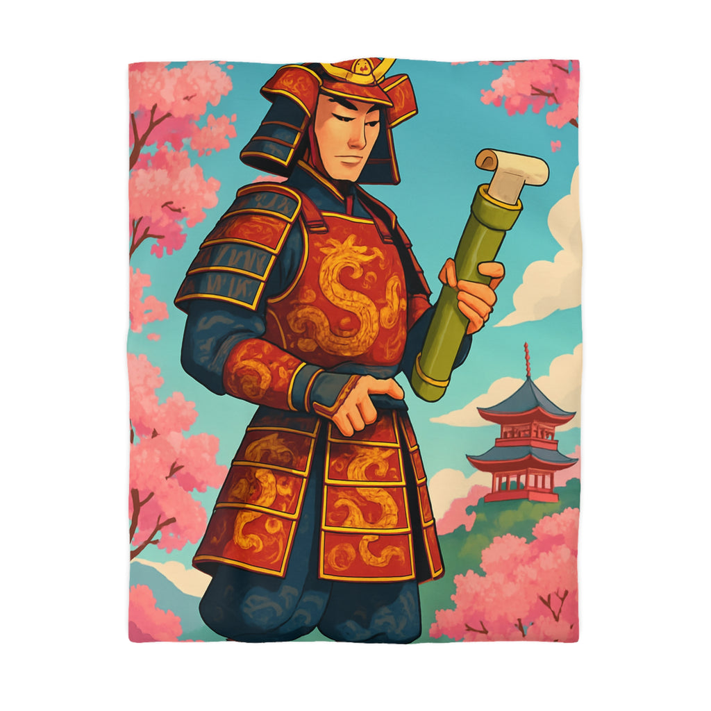 Housse de Couette Samouraï Japonais avec Armure Traditionnelle et Cerisiers en Fleurs