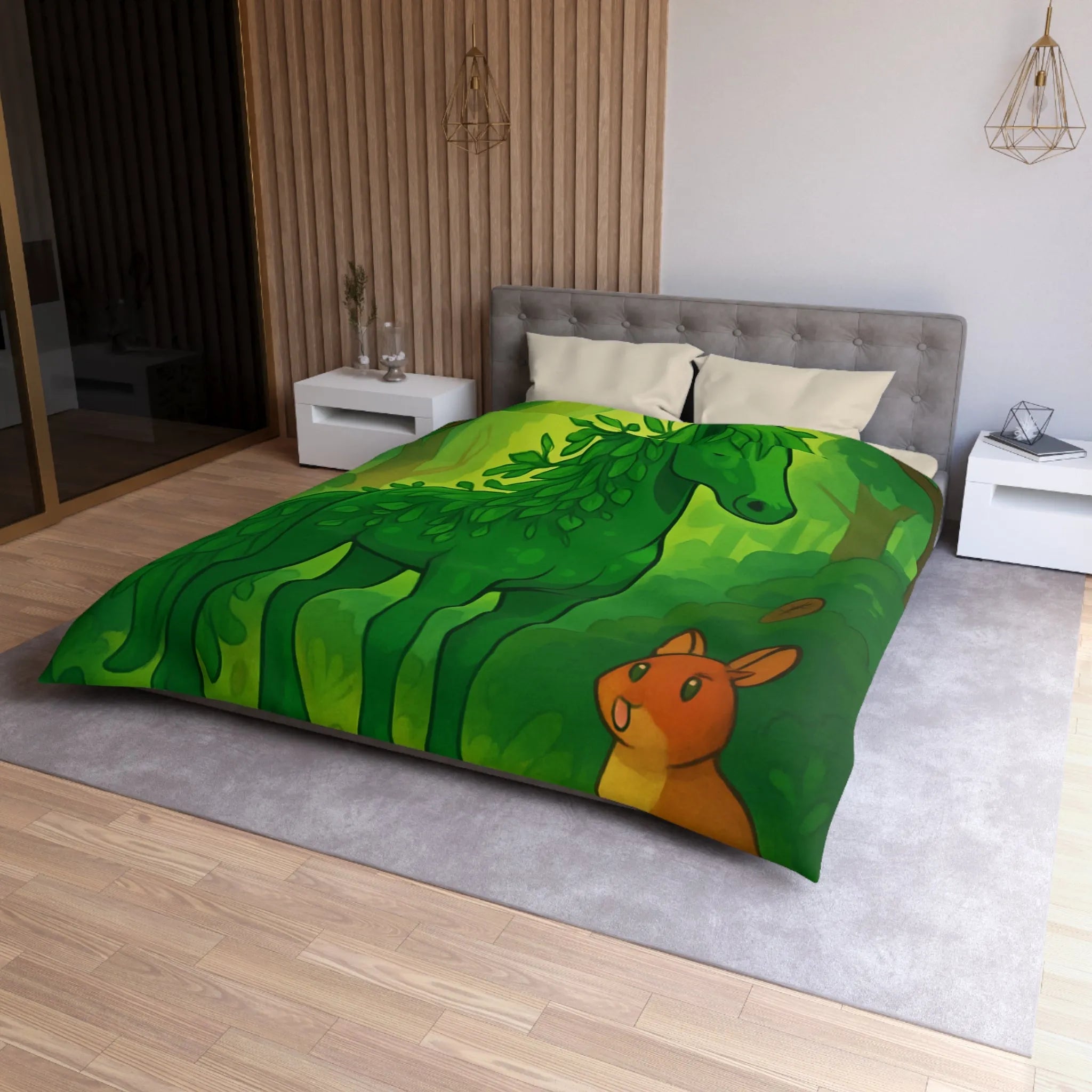 Housse de Couette Forêt Enchantée avec Cheval Vert et Animaux Sylvestres Amicaux