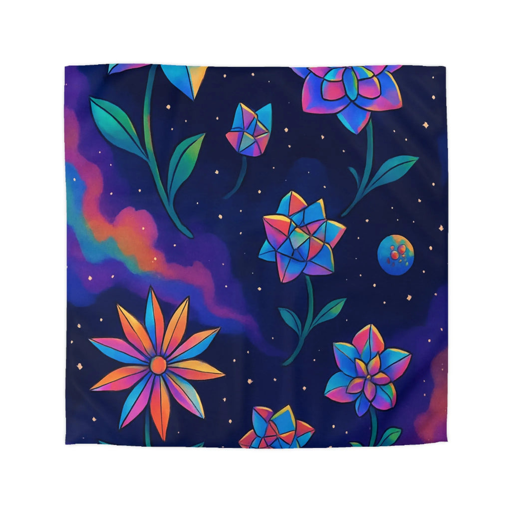 Housse de couette avec des fleurs géométriques aux couleurs cosmiques dans l'espace étoilé