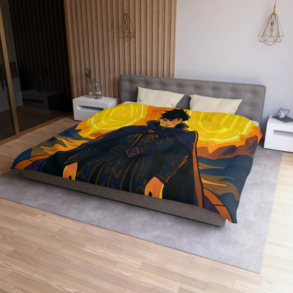 Housse de couette fantastique avec sorcier et portails lumineux dans paysage nocturne magique