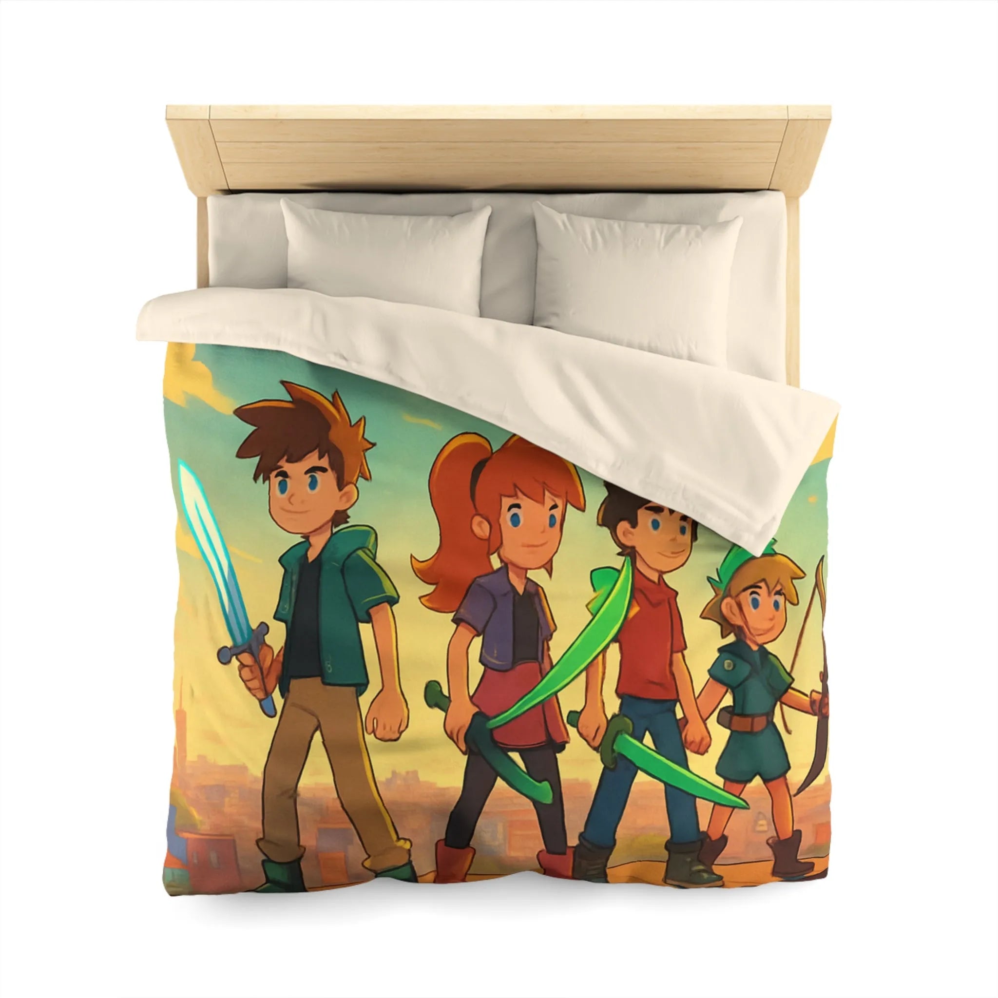 Housse de couette colorée avec quatre héros et ciel étoilé multicolore