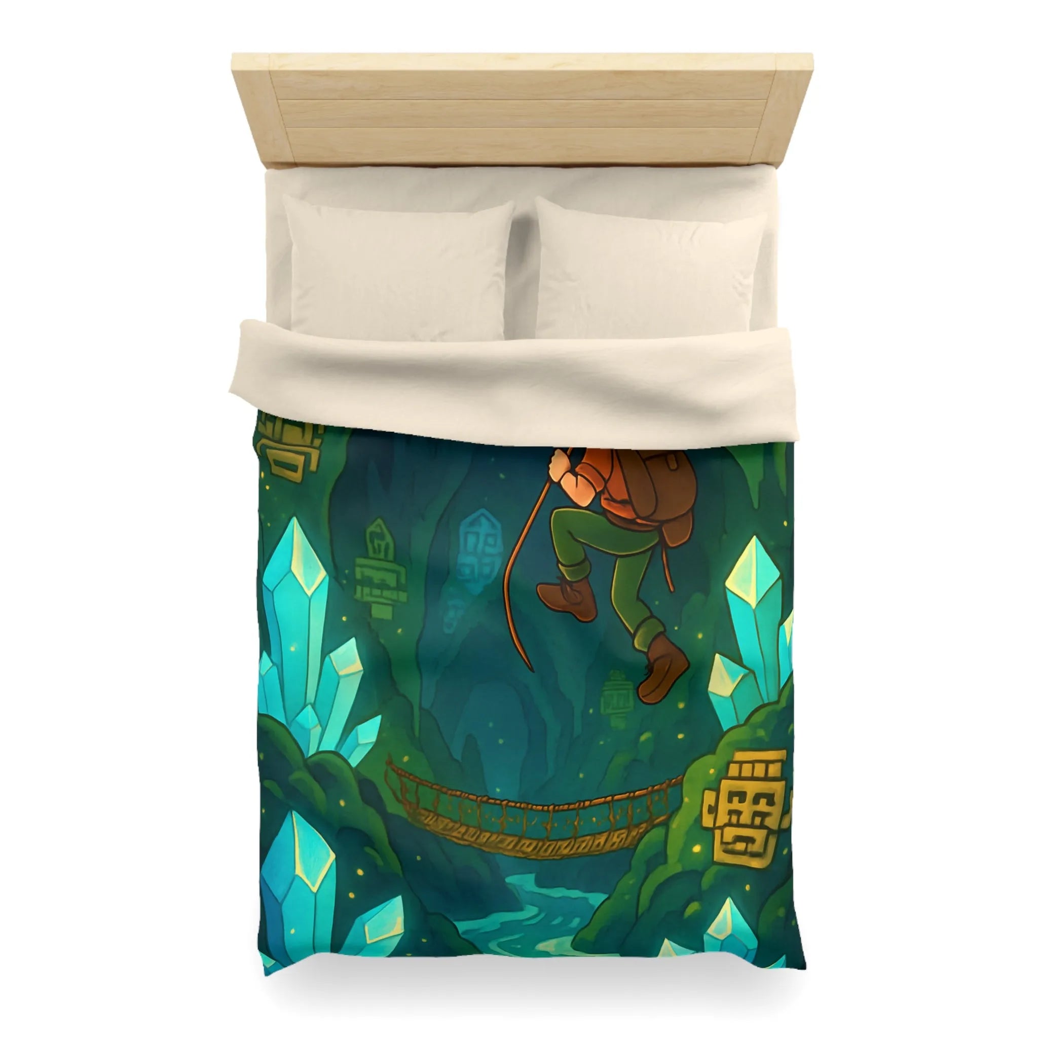 Explorateur suspendu dans une mystérieuse caverne remplie de cristaux et de mystères anciens