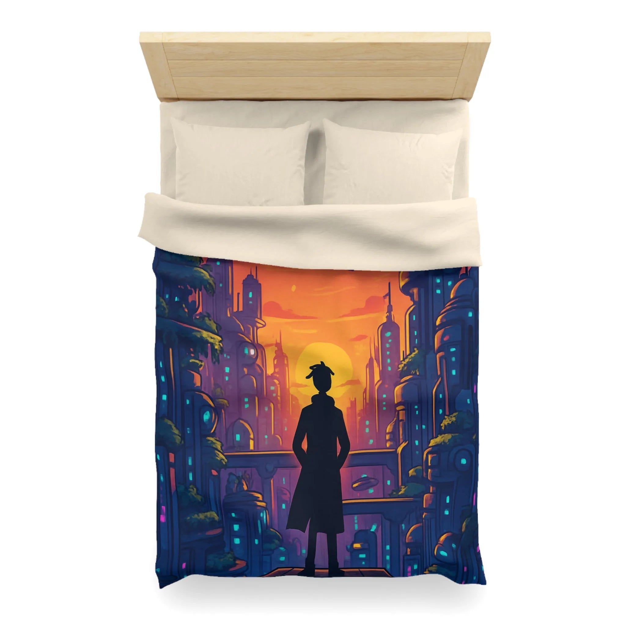 Housse de Couette Futuriste avec Paysage Urbain et Ciel Étoilé Orange et Bleu