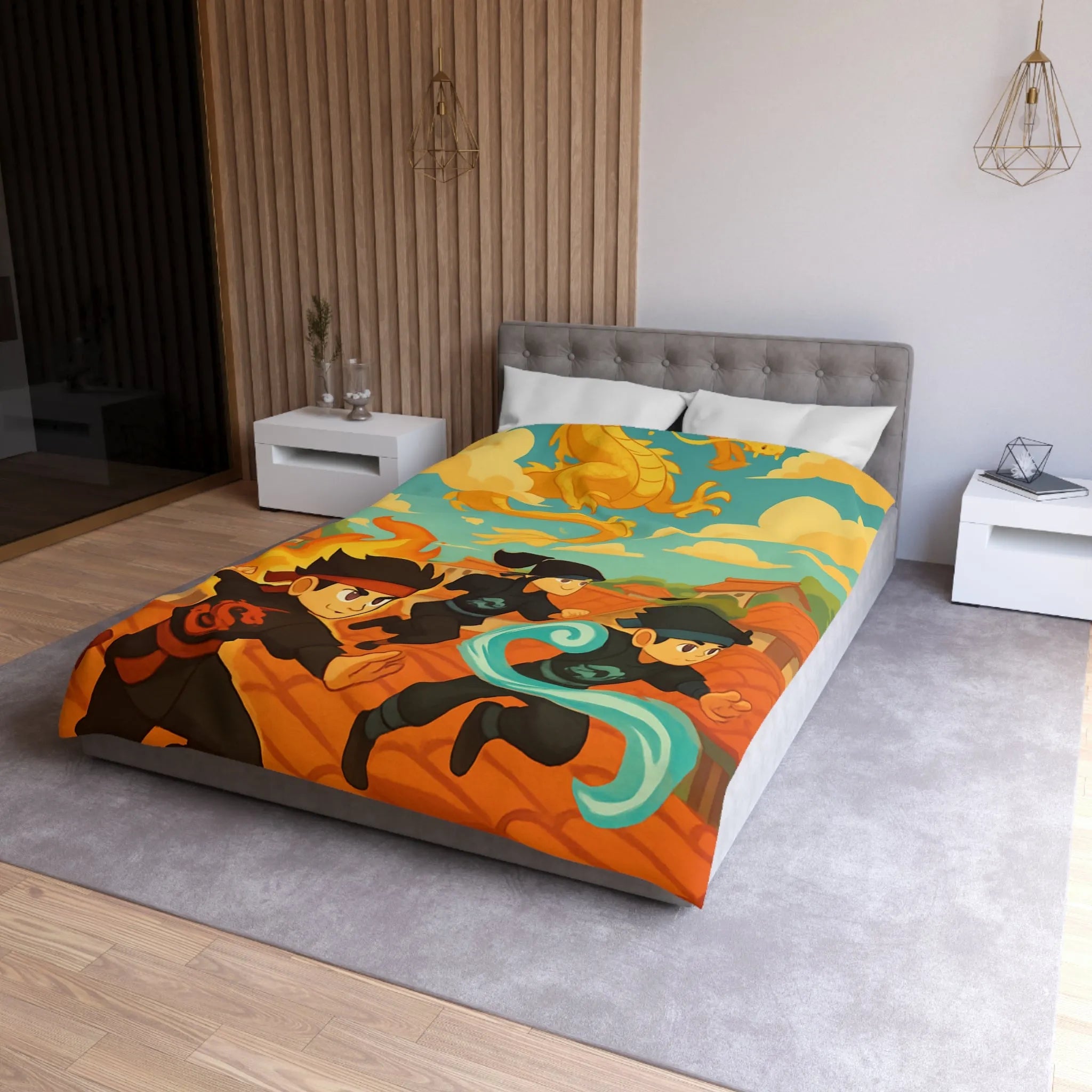 Housse de couette avec ninjas sautant et dragon doré dans un ciel ensoleillé