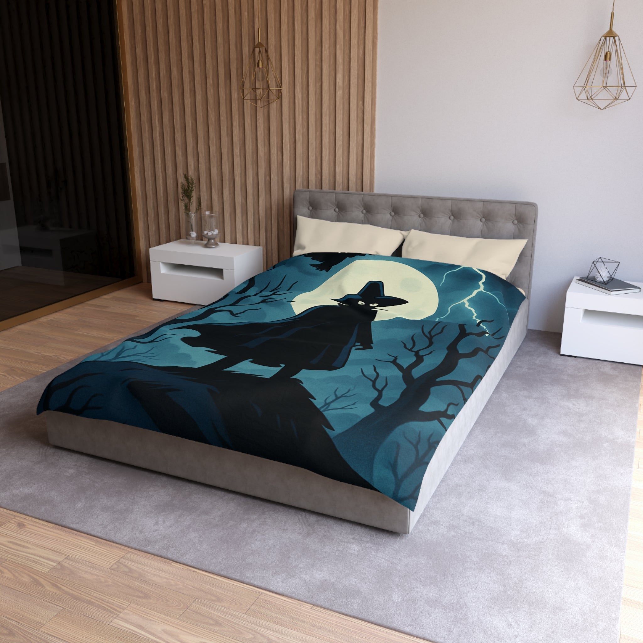 Plongez dans une scène nocturne mystérieuse avec silhouette et hibou sous lune pleine