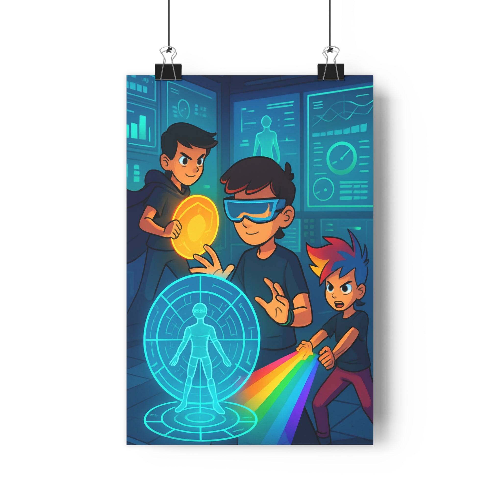 Poster décoratif futuriste bleu lumineux ambiance dynamique chambre enfant technologie moderne héros aventure hologramme