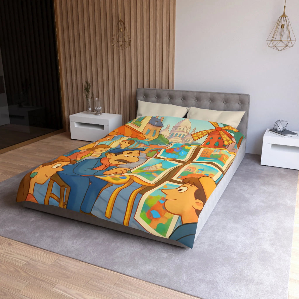 Housse de Couette Illustrée: Scène Parisienne Peintre et Moulin Rouge Enfants