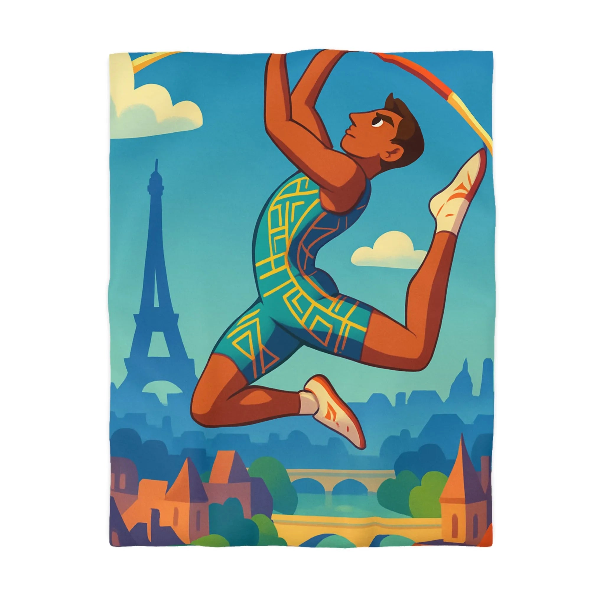 Housse de couette athlète sautant en ville avec ciel bleu et monuments célèbres