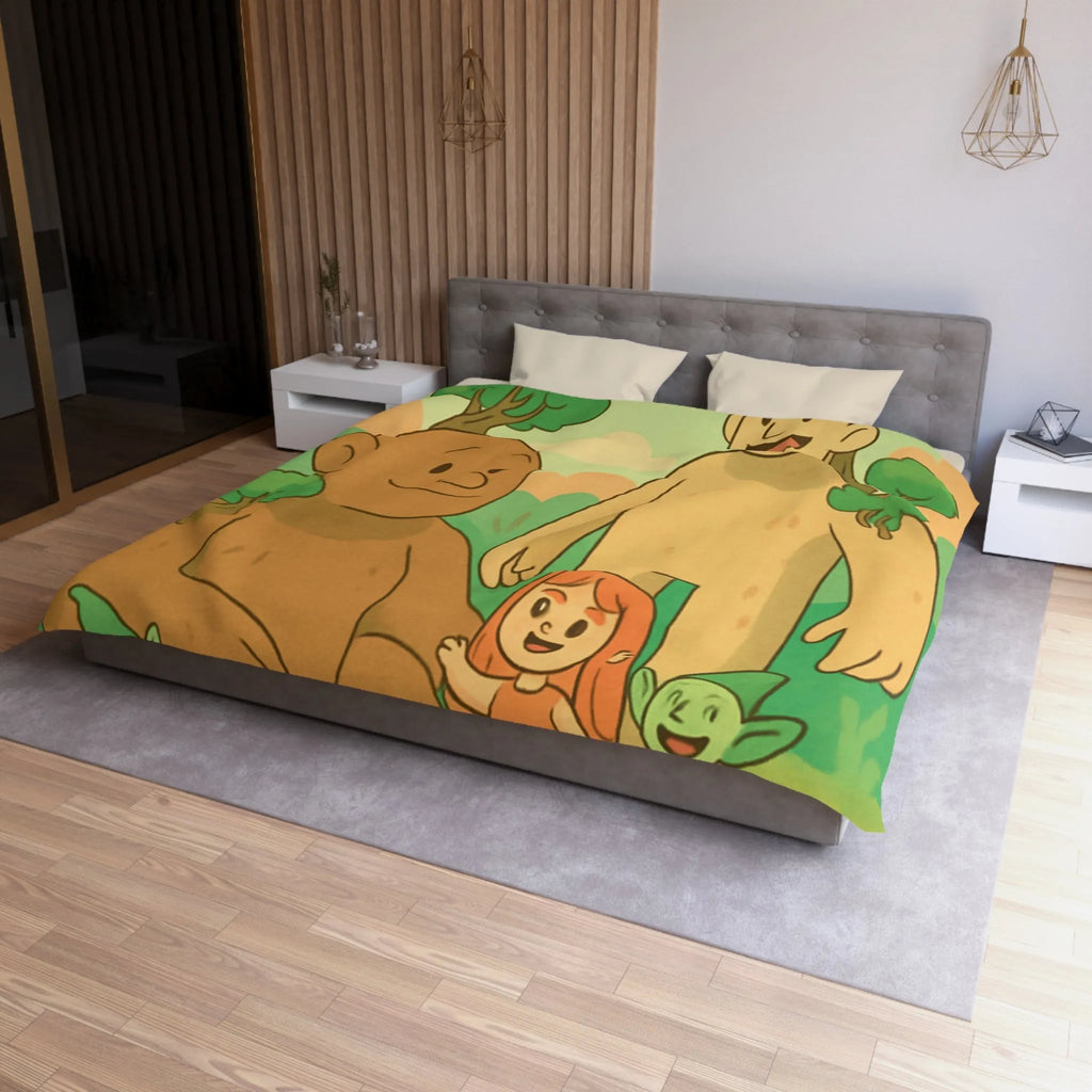 Housse de couette fantastique avec géants arborés et lutins dans une forêt enchantée