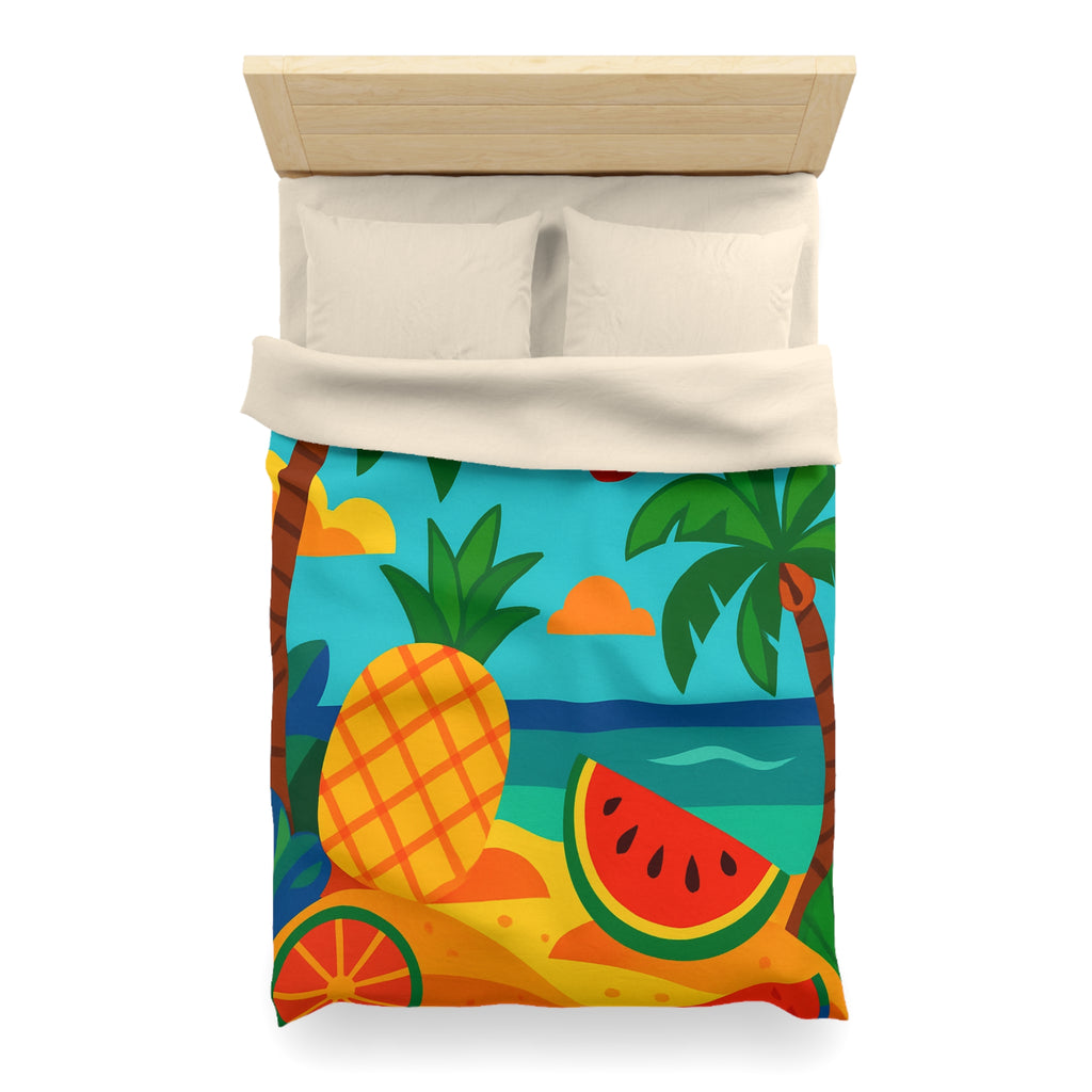 Housse de couette tropicale colorée avec fruits exotiques et oiseaux vibrants sur la plage