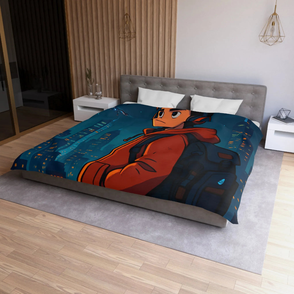 Housse de couette ado moderne nocturne avec personnage urbain et drones dans le ciel