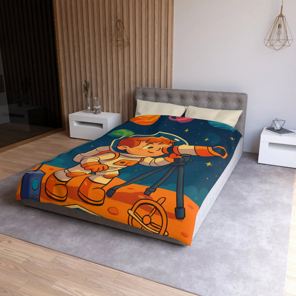 Housse couette enfant astronaute explorant planètes avec télescope carte étoilée