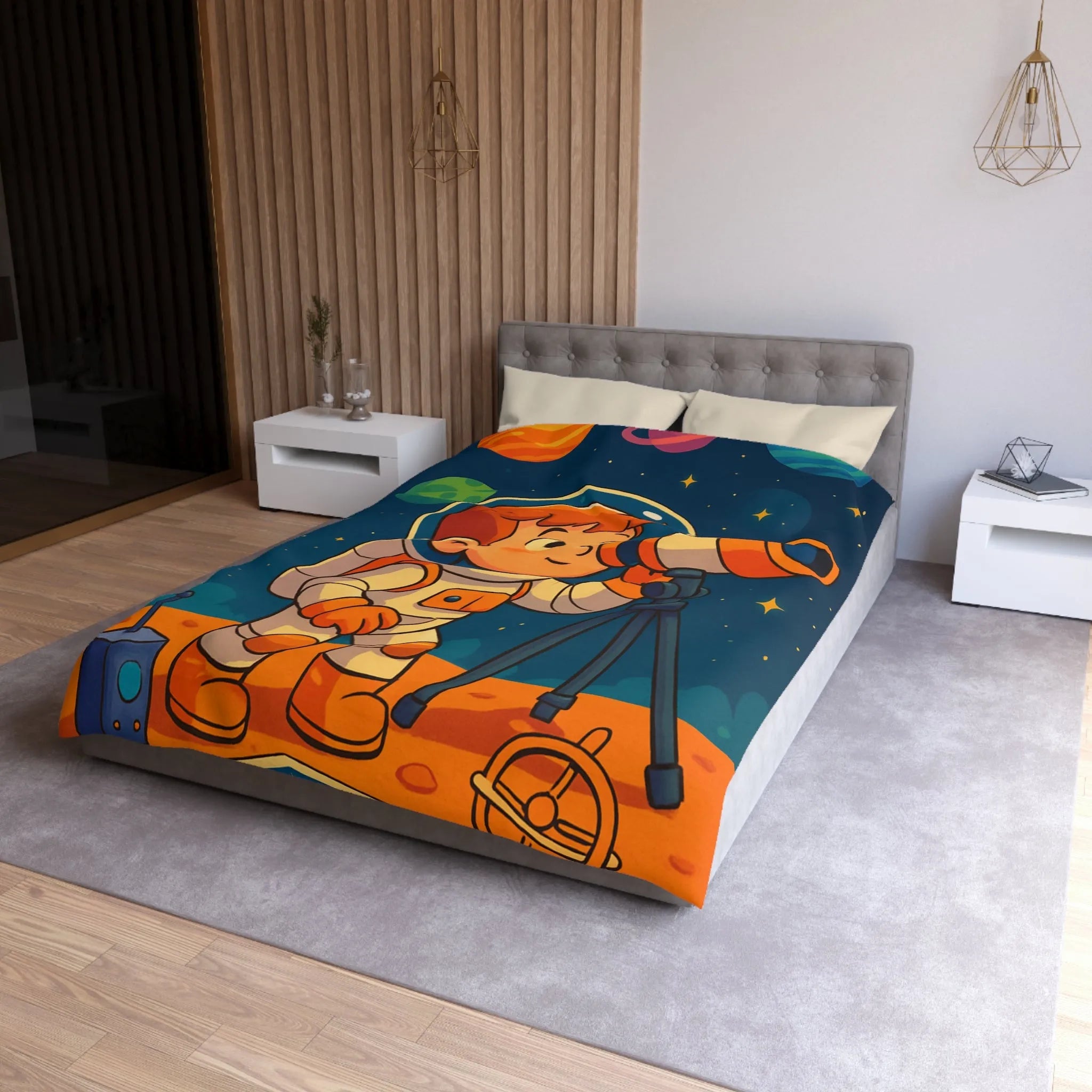 Housse couette enfant astronaute explorant planètes avec télescope carte étoilée