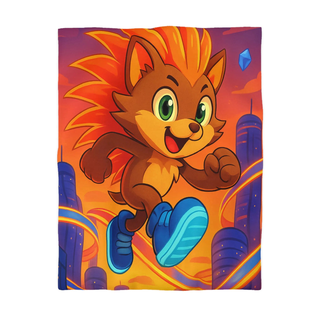 Housse de couette avec hérisson coloré courant dans une ville futuriste au coucher du soleil