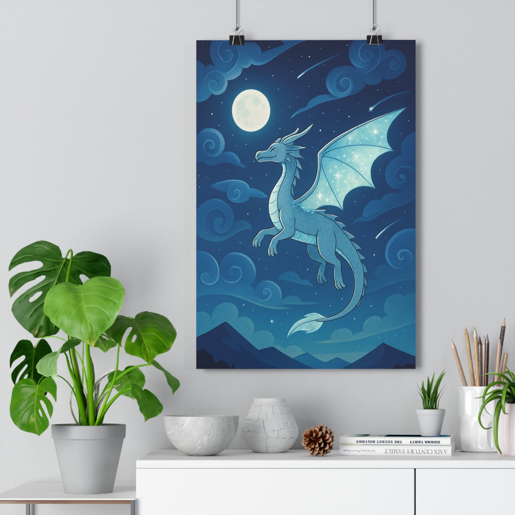 Poster décoratif dragon lunaire argenté bleu mystique chambre créatif moderne 30x46 ambiance rêve étoilé