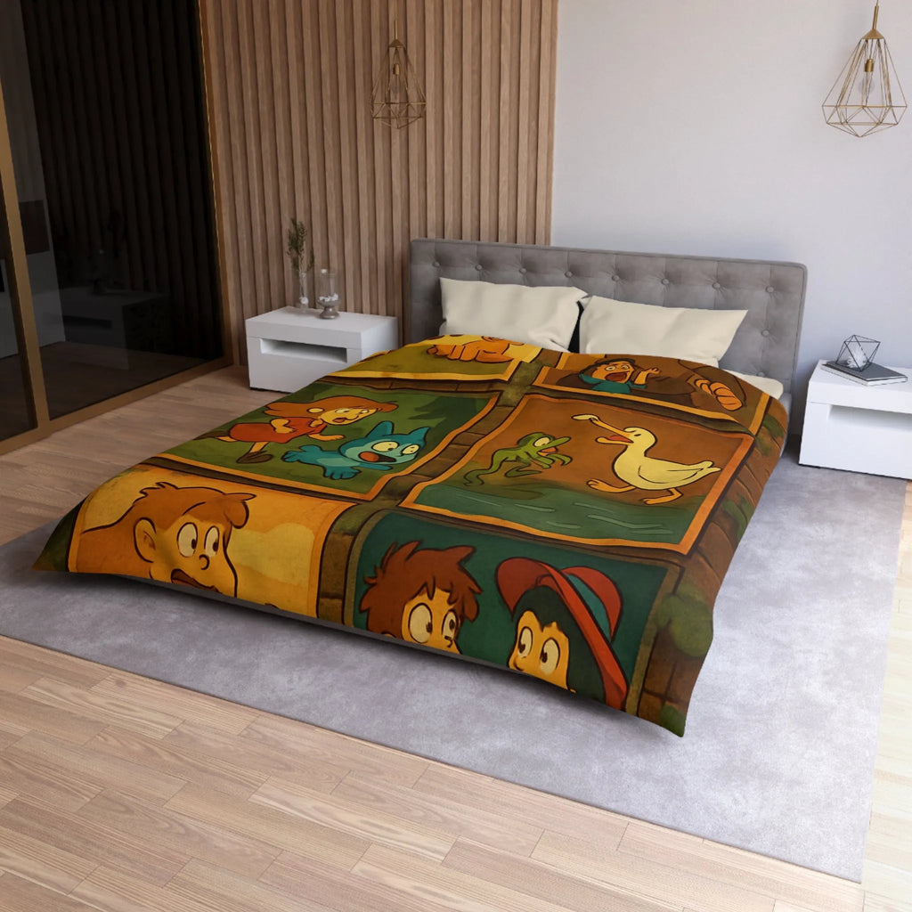 Housse de couette illustrée de scènes animées animalières et humaines ludiques et colorées