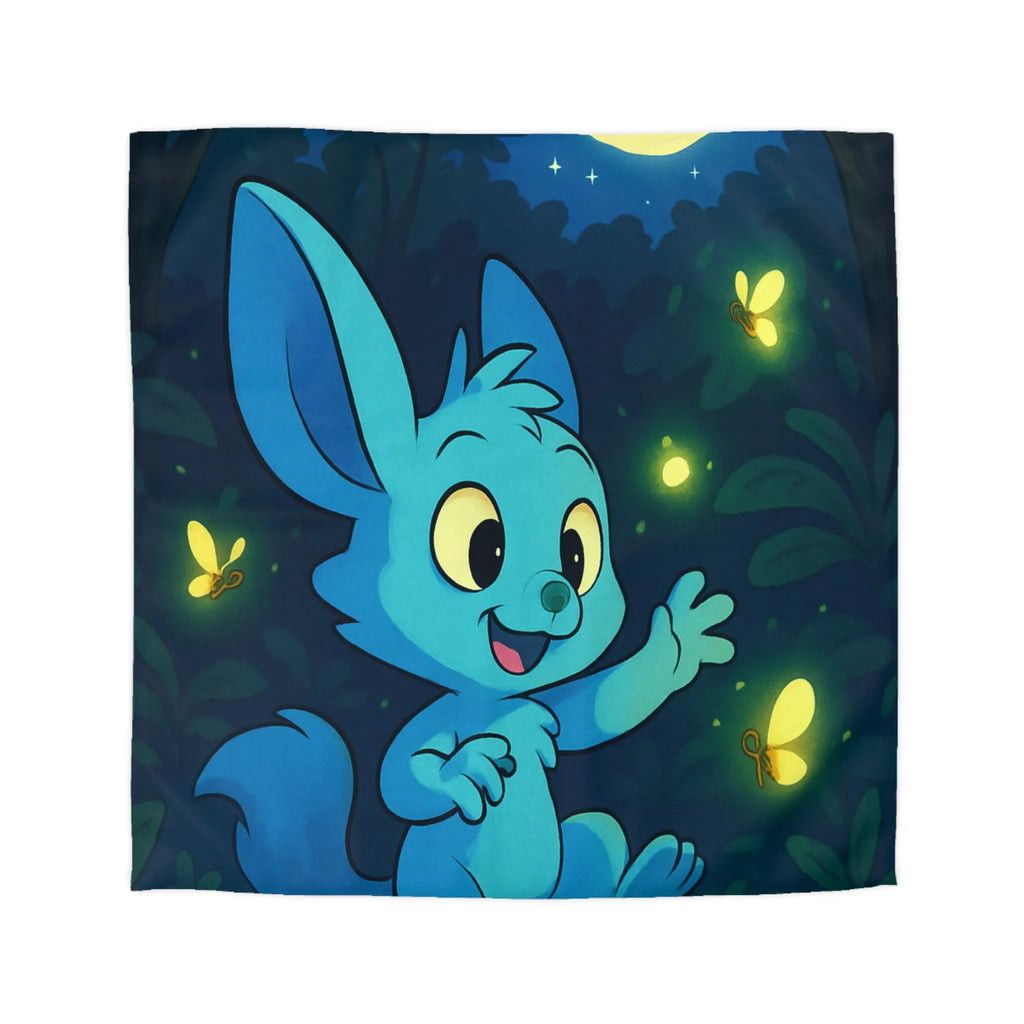 Housse de couette enfantine décorée avec lapin bleu et lucioles sous lune brillante