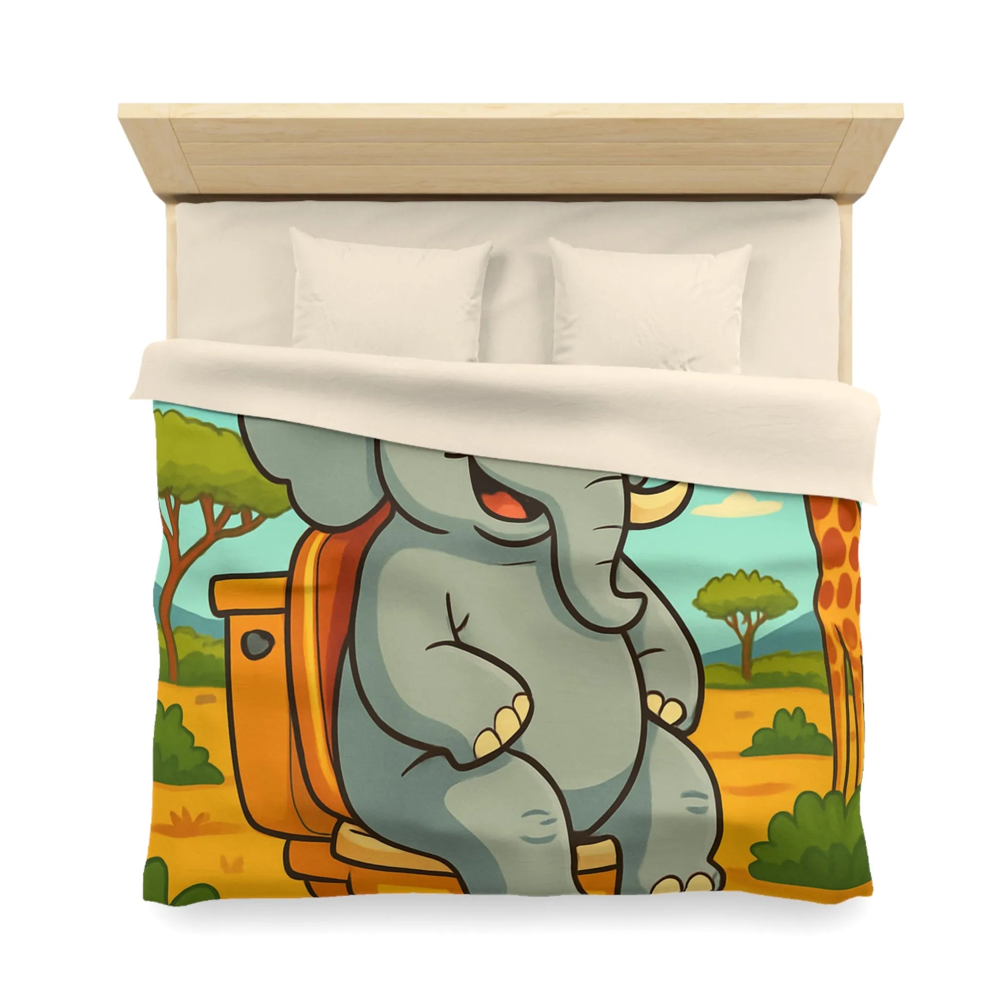 Housse de couette joyeuse éléphant sur toilettes en pleine savane colorée