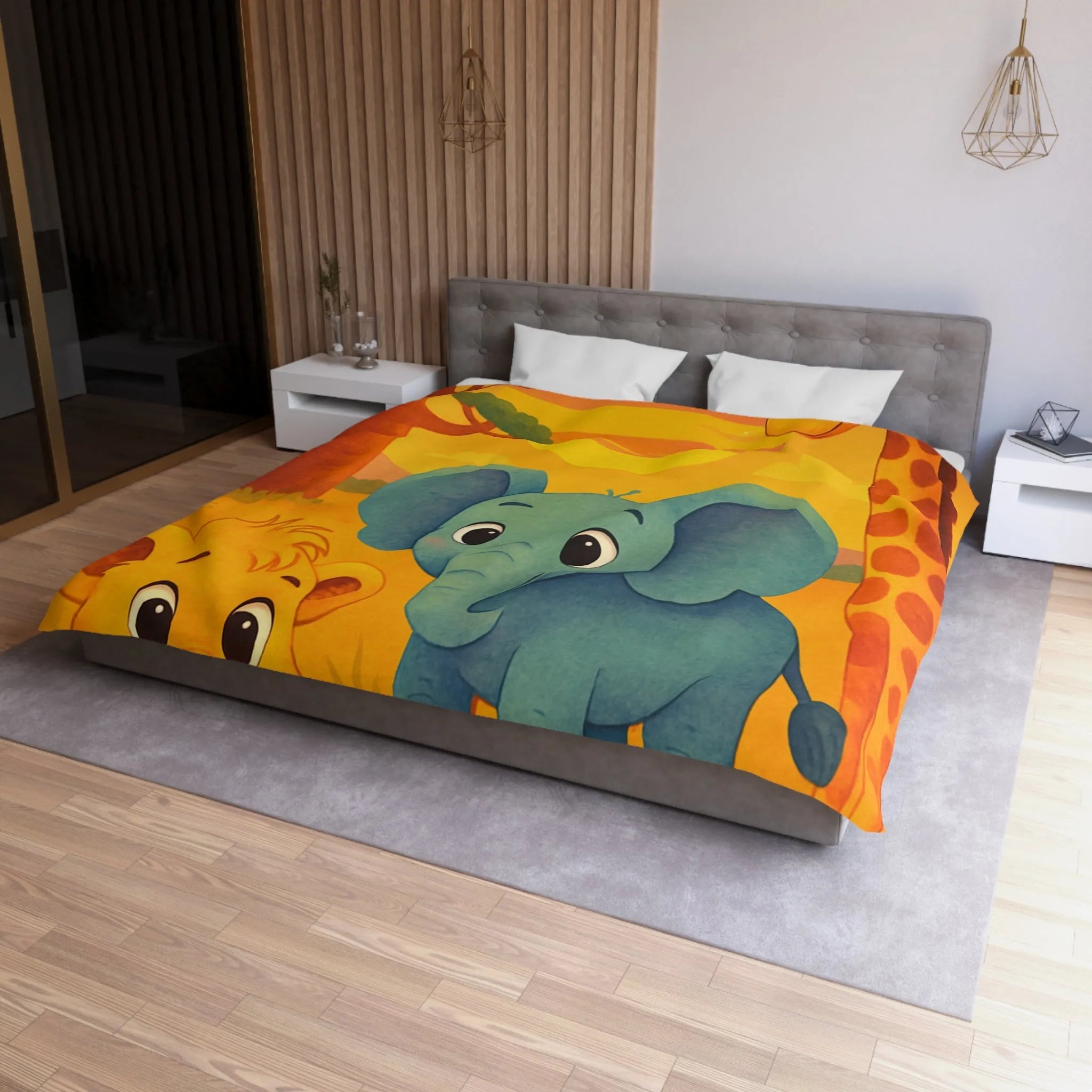 Housse de couette enfants safari animaliers avec lion, éléphant et girafe rigolos