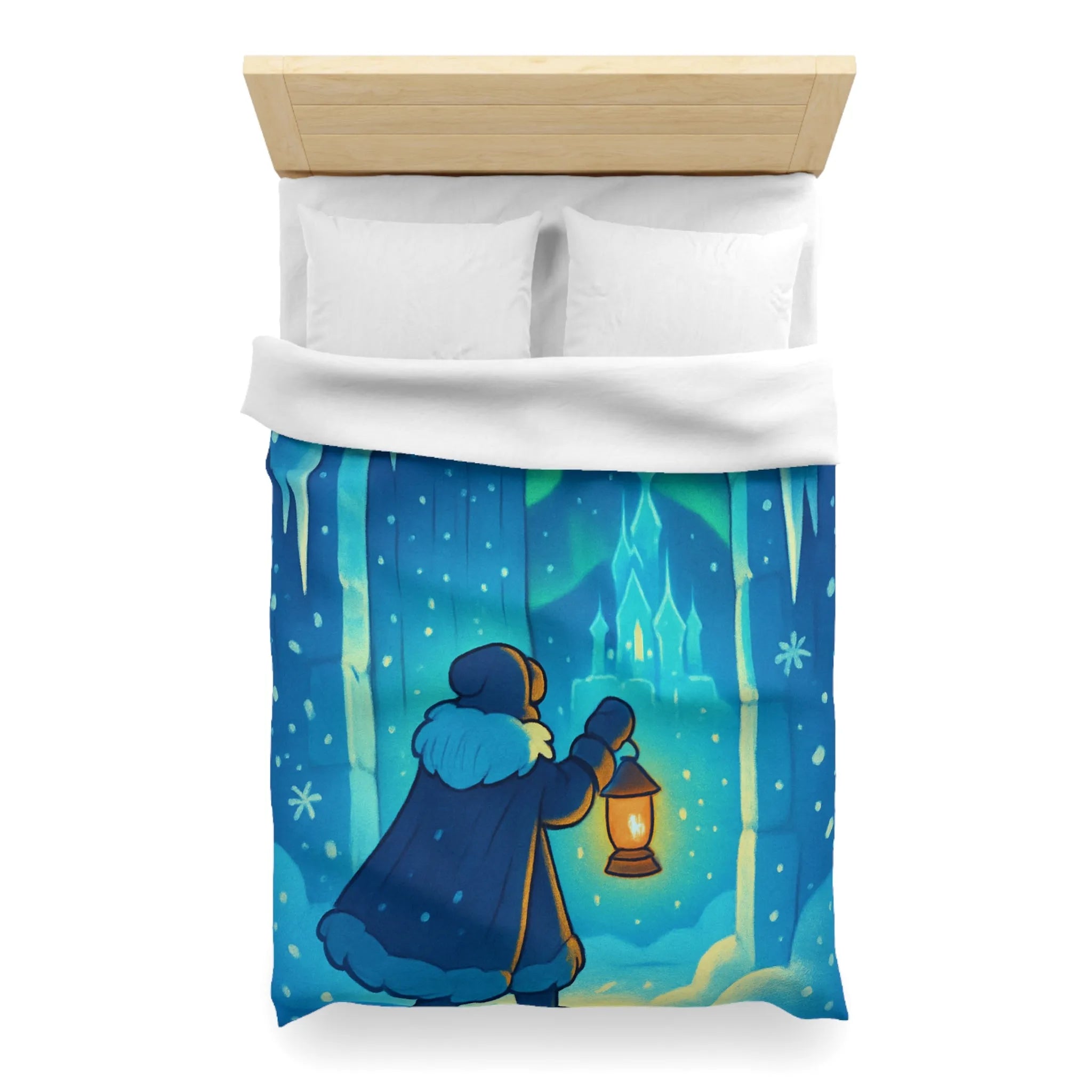 Housse de couette hivernale avec scène lumineuse de paysage enneigé et féérique