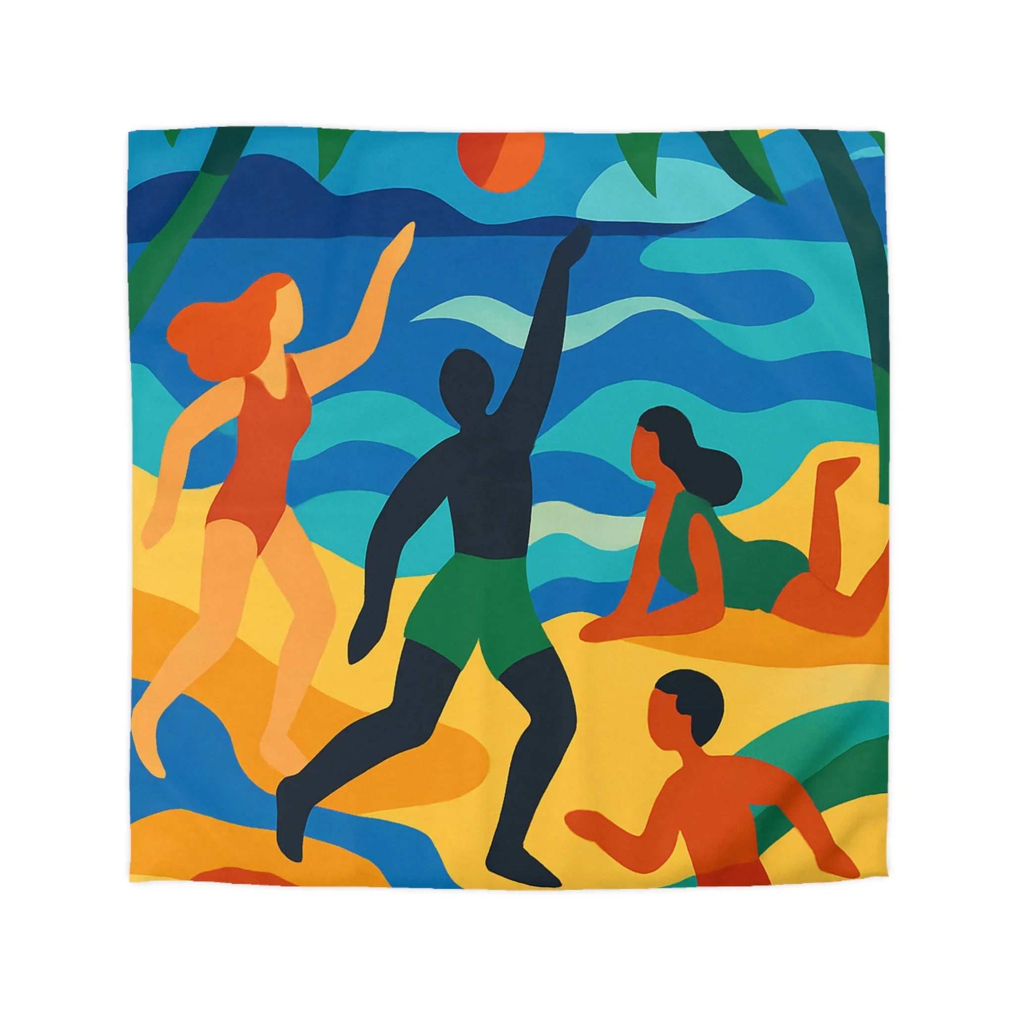 Housse de Couette Colorée Motif Plage Tropicale avec Palmiers et Activités Ludiques