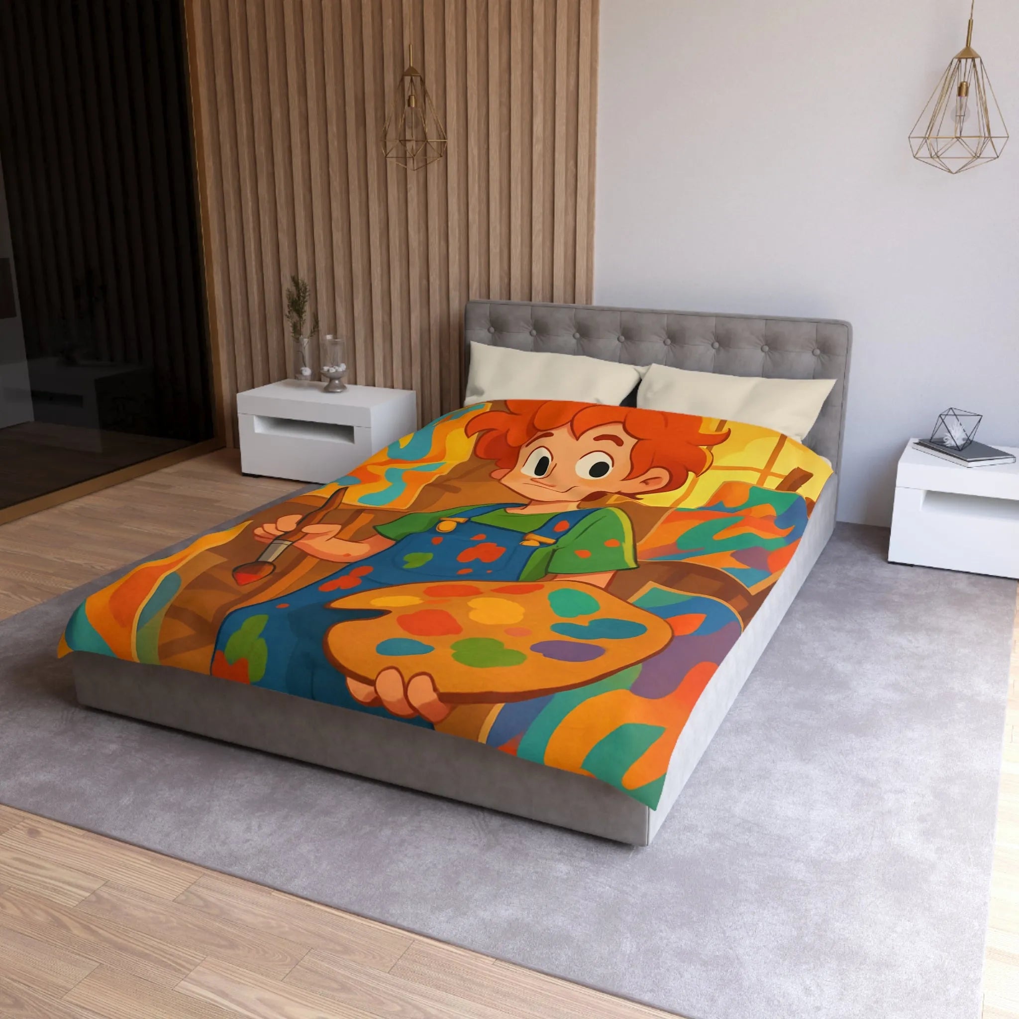 Housse de couette artistique colorée avec jeune peintre joyeux et œuvres vibrantes