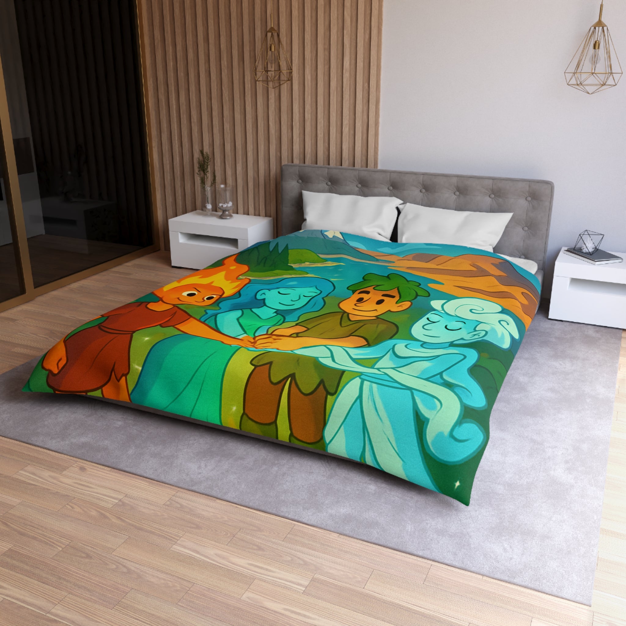 Housse de Couette Nature Enchantée avec Éléments Terre, Feu, Air et Eau Unifiés