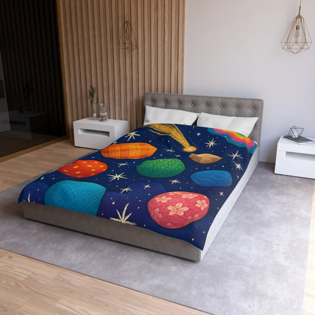 Housse de couette colorée avec planètes texturées, étoiles brillantes et nébuleuse mystique