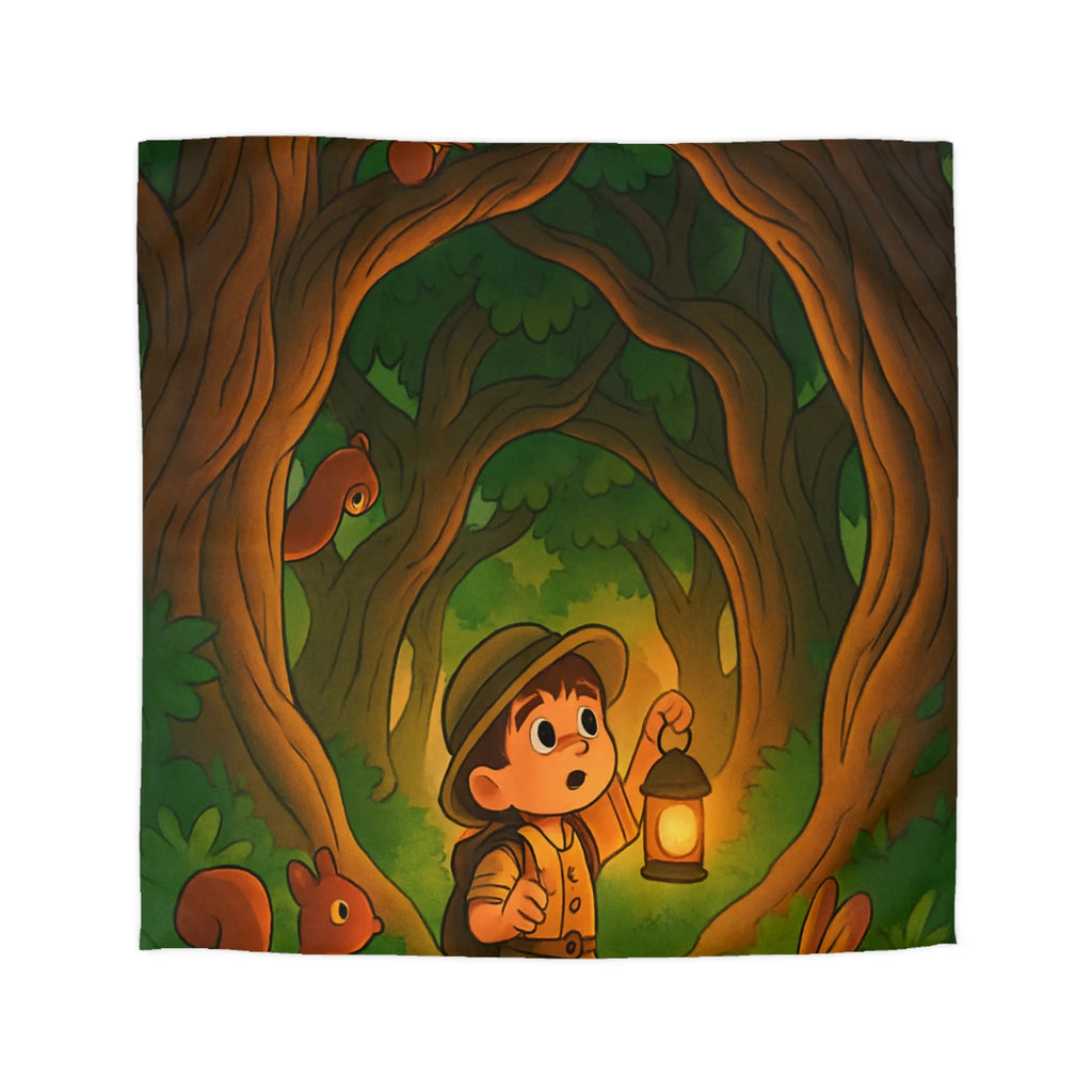 Housse de couette enfant forêt enchantée avec animaux mignons et garçon explorateur