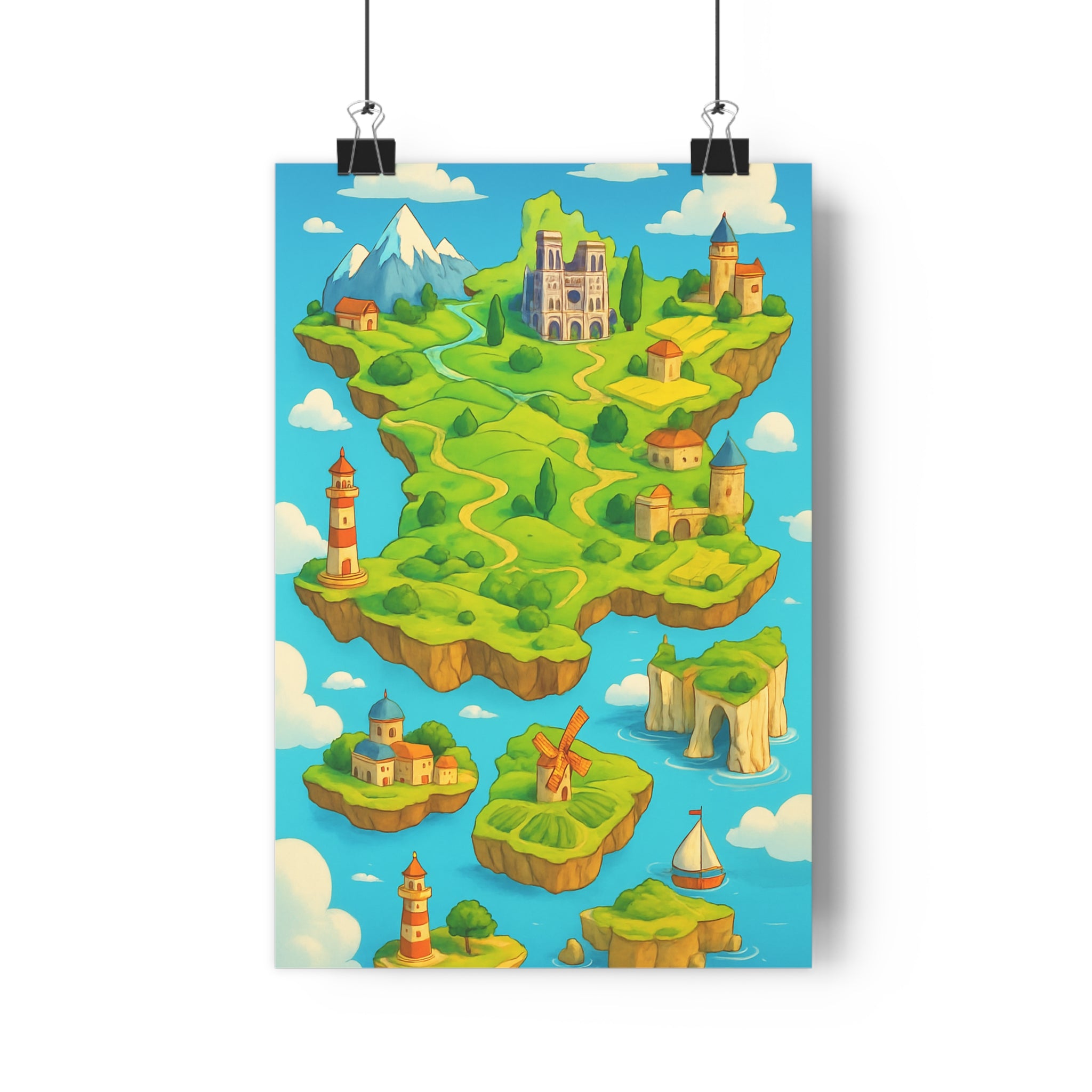 Poster décoratif carte France onirique vert bleu blanc salon chambre paysage fantastique 30x46 qualité