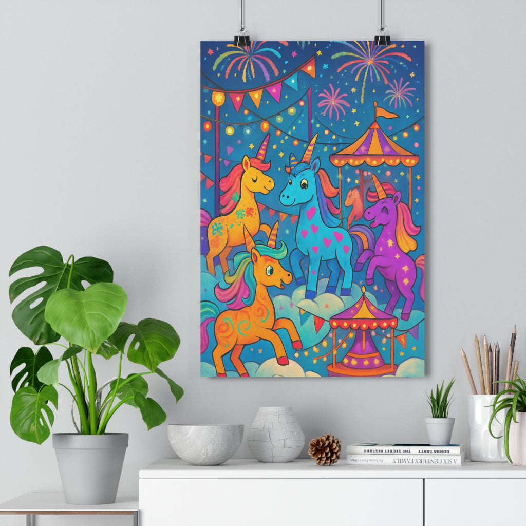 Poster décoratif mystique licorne bleu orange violet carnaval enfant joyeux féerique magique guirlandes coloré