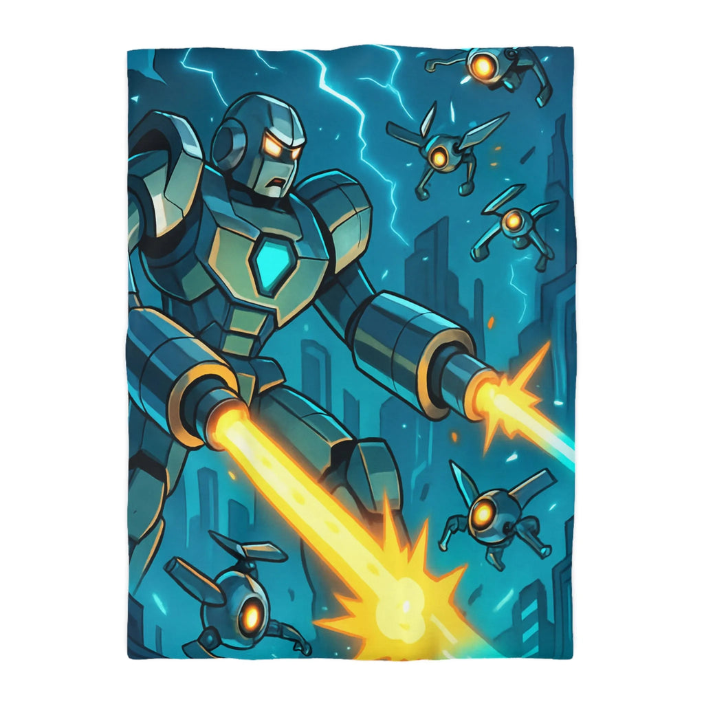 Housse de couette illustrant un robot tirant des lasers dans une ville futuriste la nuit