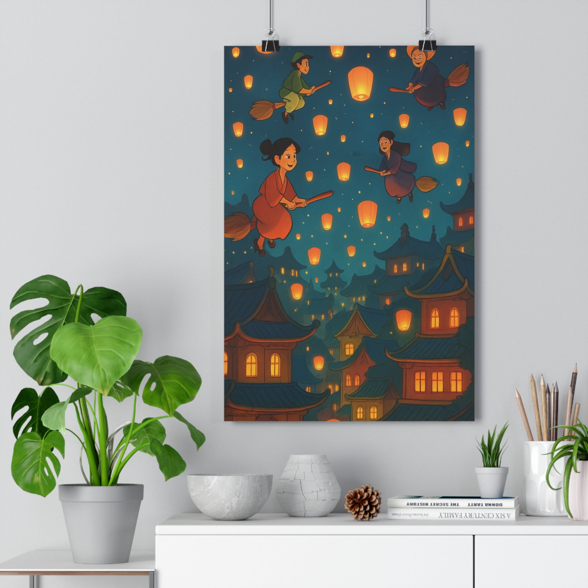 Poster décoratif mystique ville nocturne lumineux lanternes bleues chaudes salon chambre aventure illustration folklore