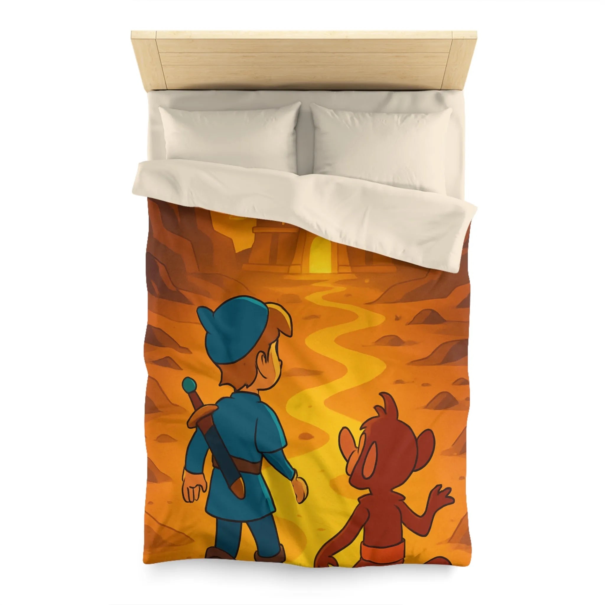 Housse de Couette Aventure Épique Enfantine avec Enfant et Singe dans Désert Mystique