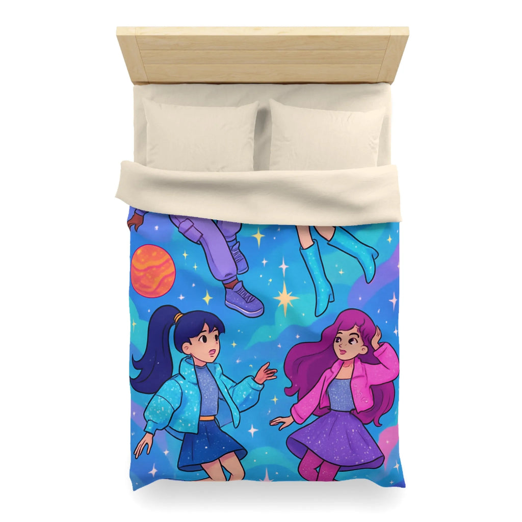 Housse de couette colorée avec filles dans l'espace et étoiles scintillantes joyeuses