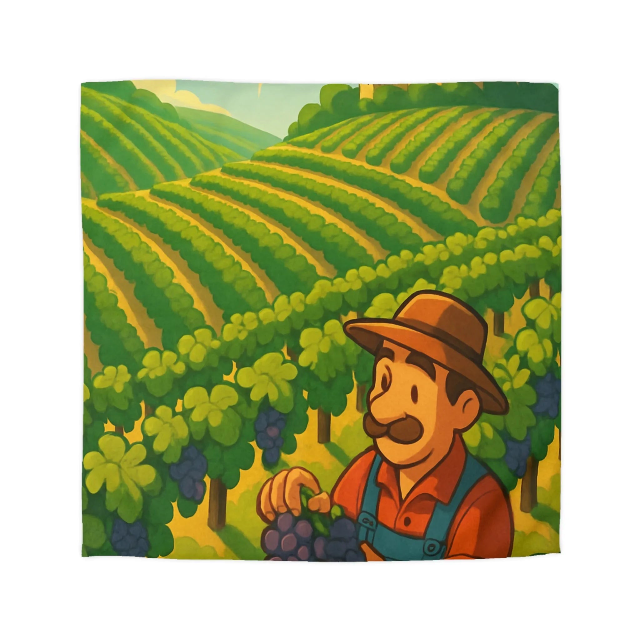 Housse de couette illustration de vendangeur dans un vignoble éclairé par soleil radieux