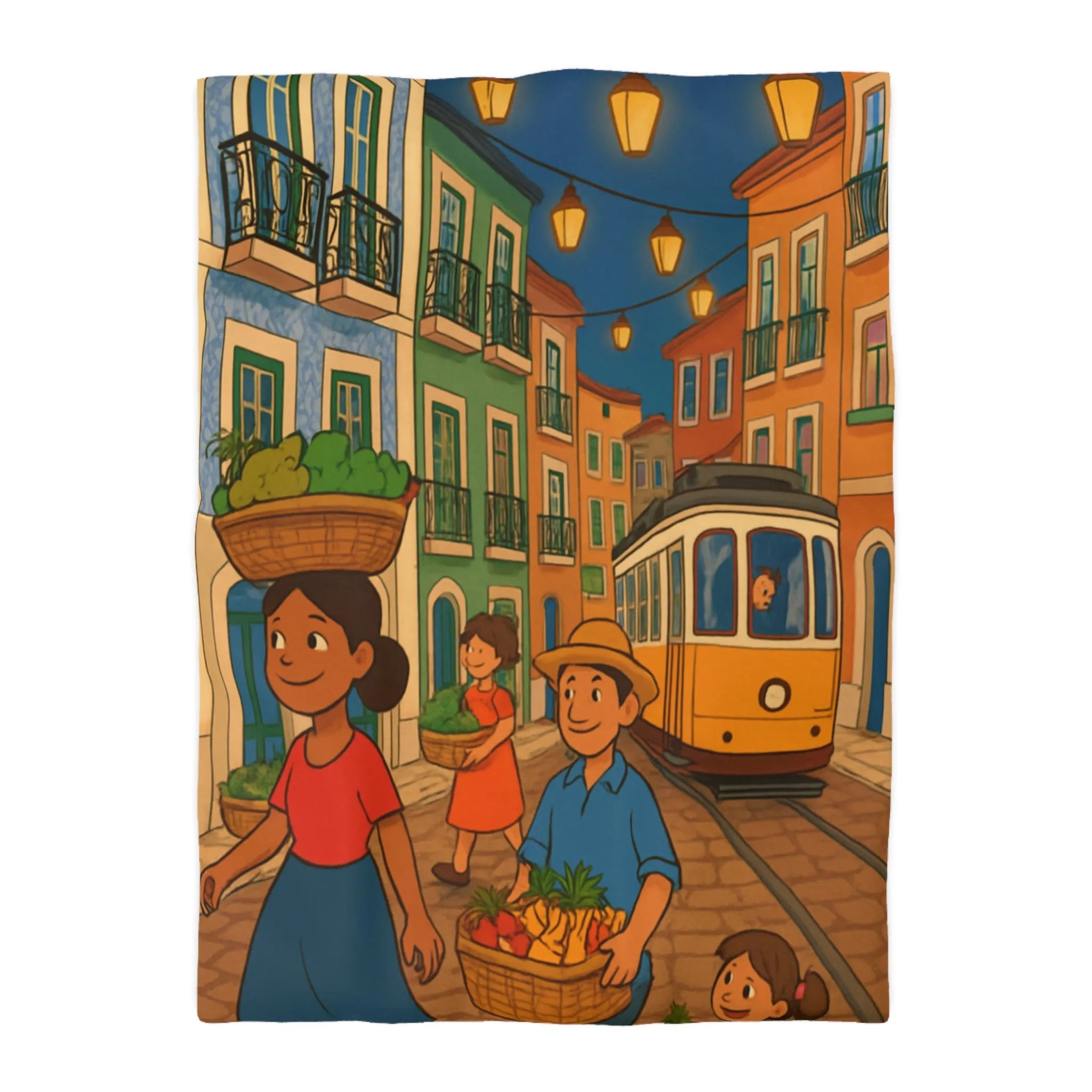 Housse de Couette Colorée Illustrant Scène Vibrante de Rue avec Tramway et Marché