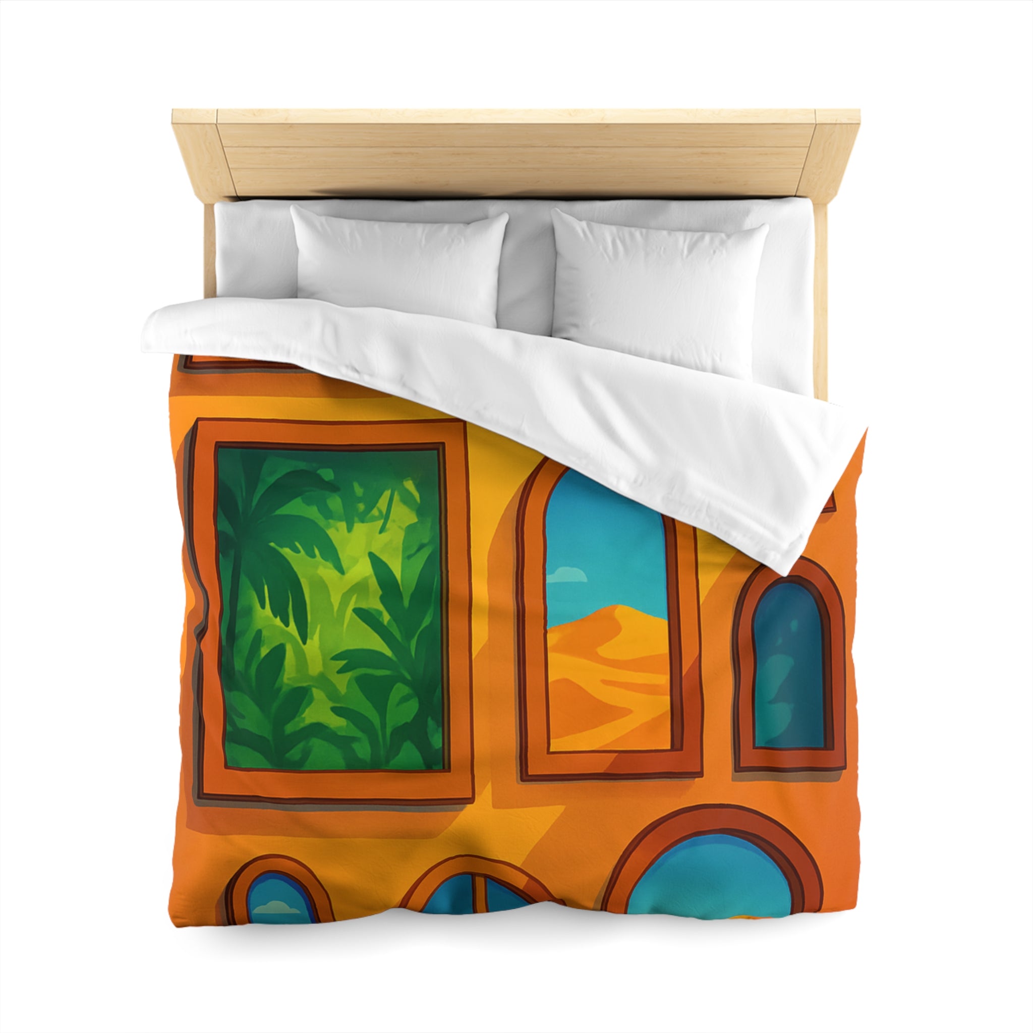 Housse de couette vibrante avec fenêtres sur l'univers et paysages exotiques