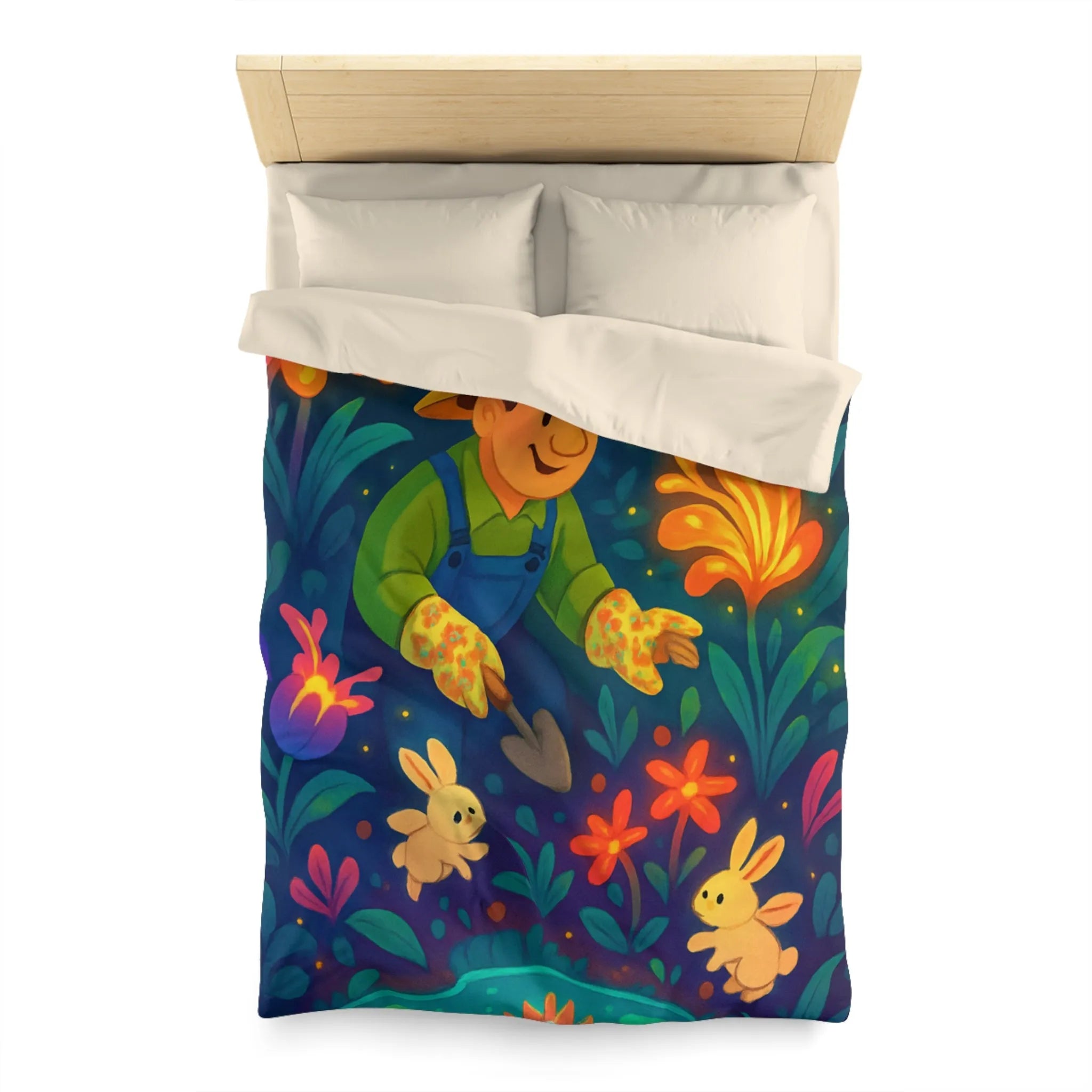 Découvrez la magie au jardin nocturne avec lapins et fleur de nénuphar lumineuse