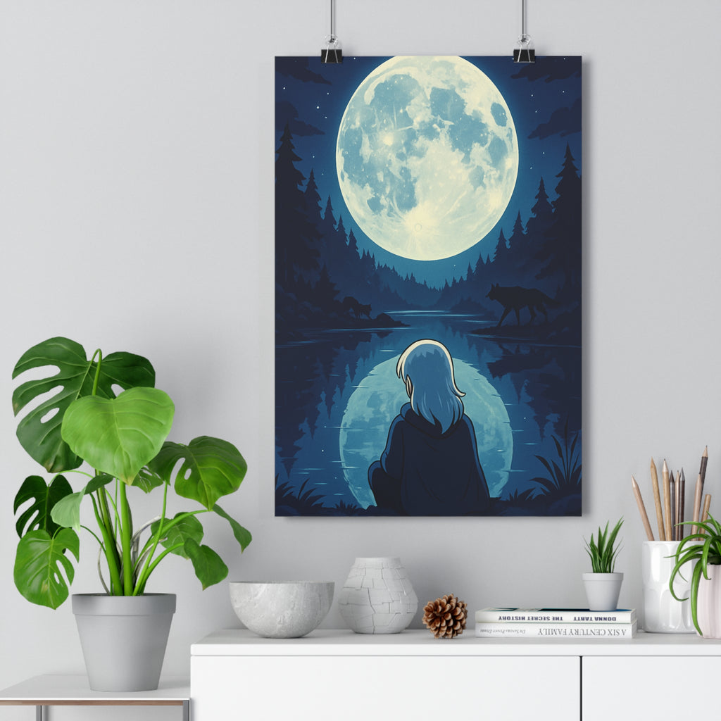 Poster décoratif dessin animé bleu gris mystique chambre salon calme rêveur paisible nature silhouette