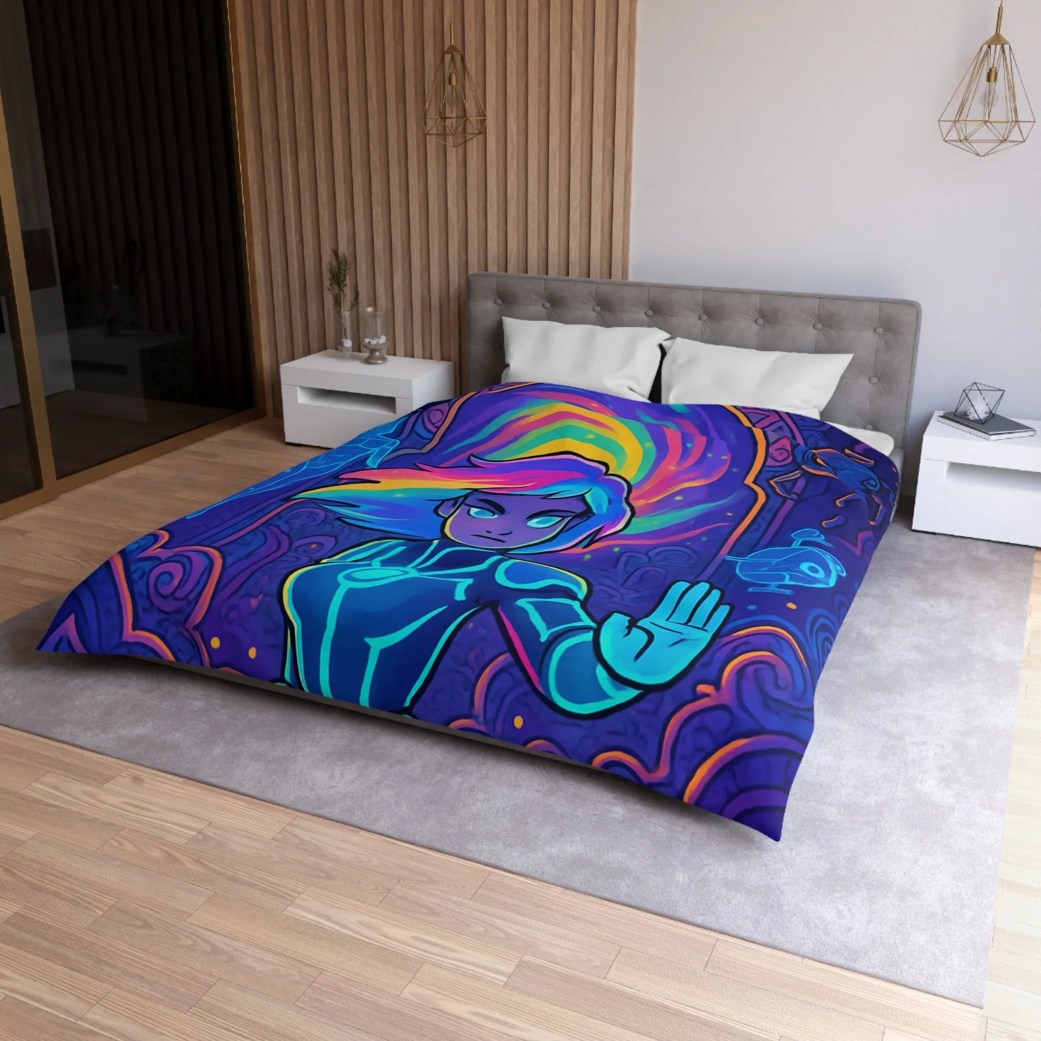 Housse de couette futuriste avec design néon multicolore et personnage dynamique