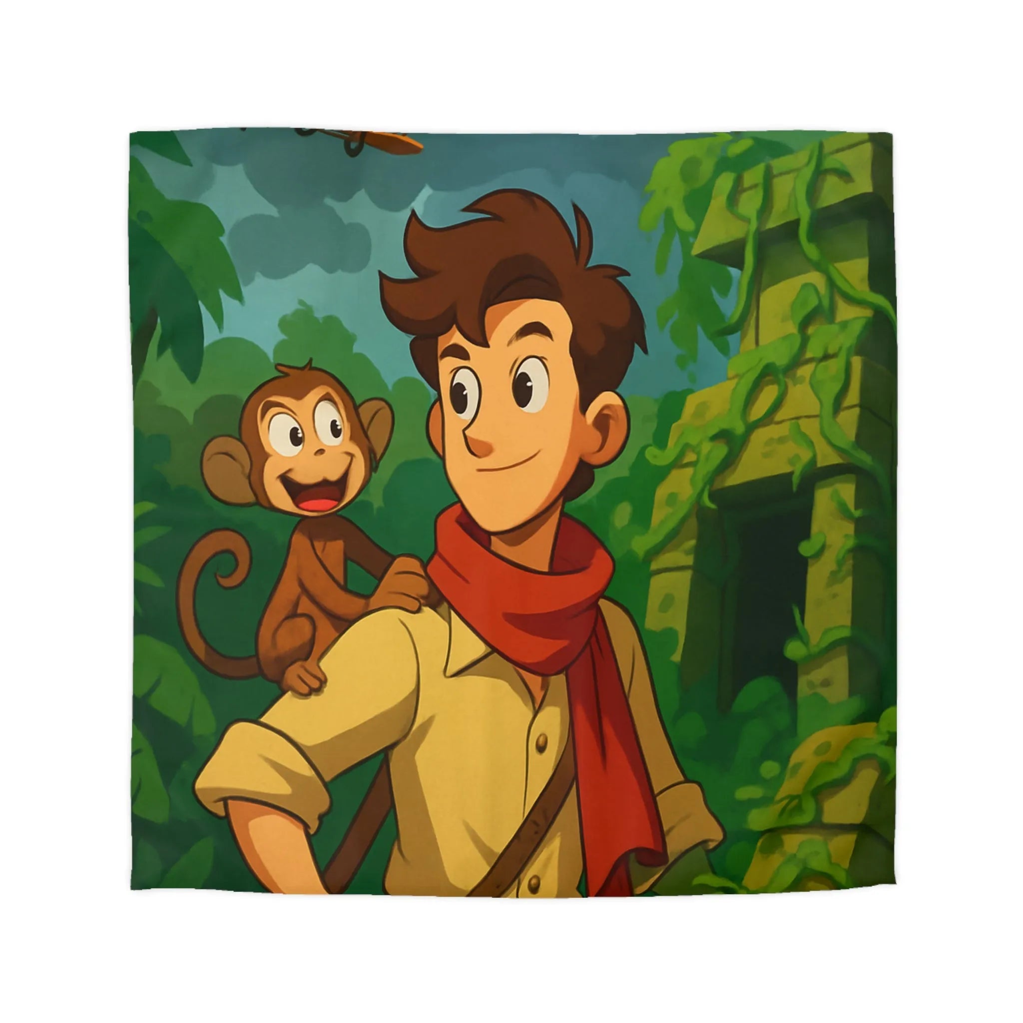 Housse de couette jungle aventure avec singe, avion biplan et ruines mystérieuses