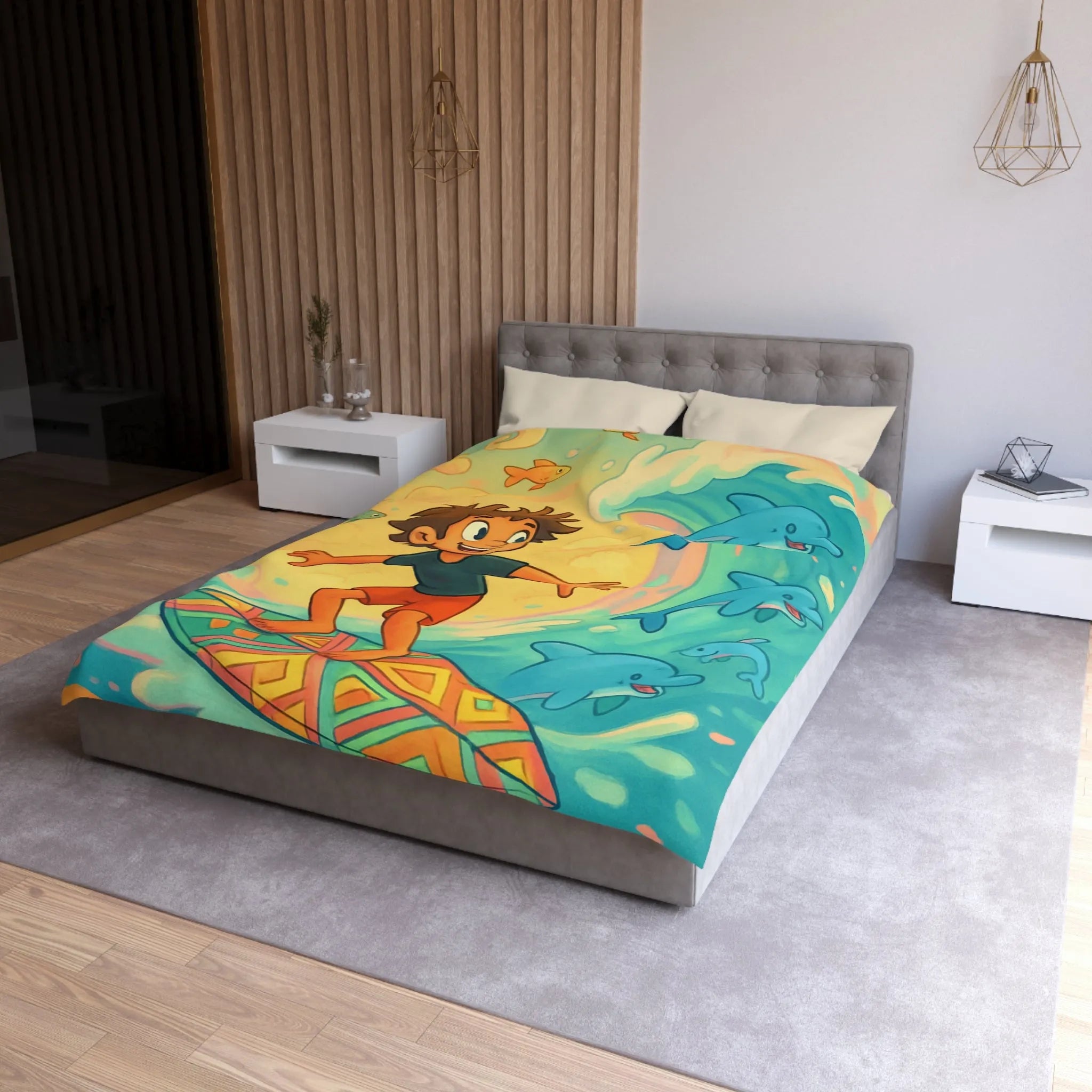 Housse de couette enfantine avec surf, dauphins joyeux et couleurs vives, ambiance océane