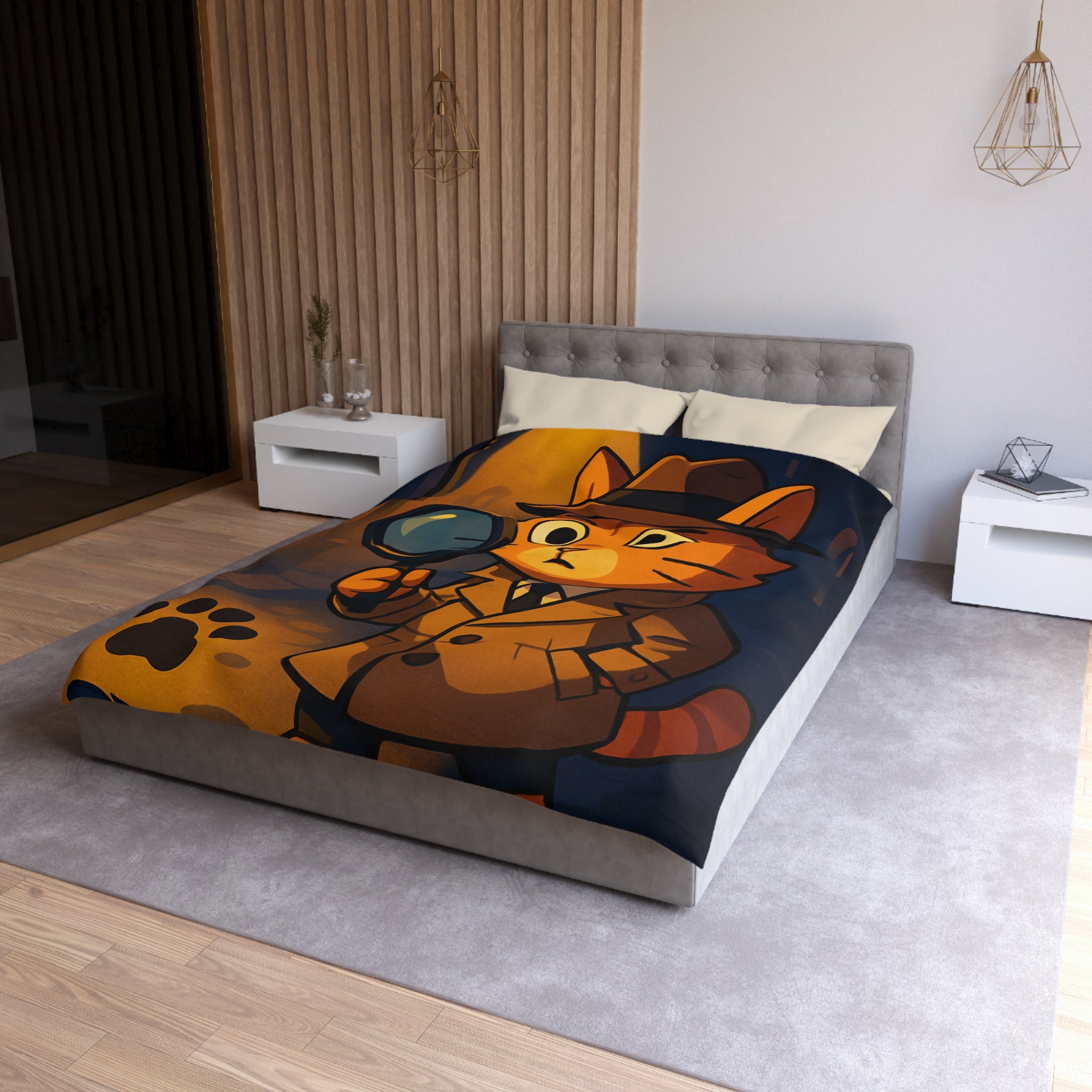 Housse de couette motif chat détective illustré avec lampe et empreinte mystérieuse