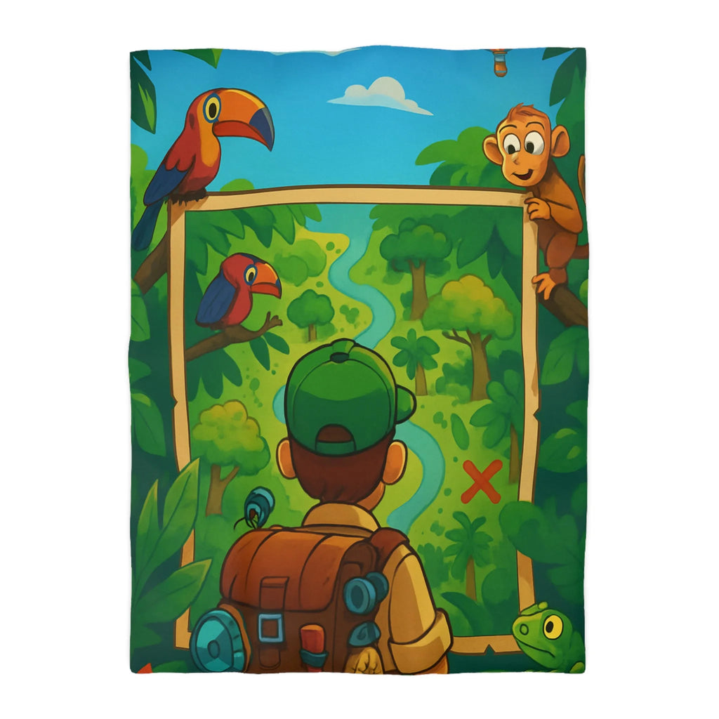 Housse de couette jungle avec enfant explorateur, singe, perroquet et montgolfière colorée