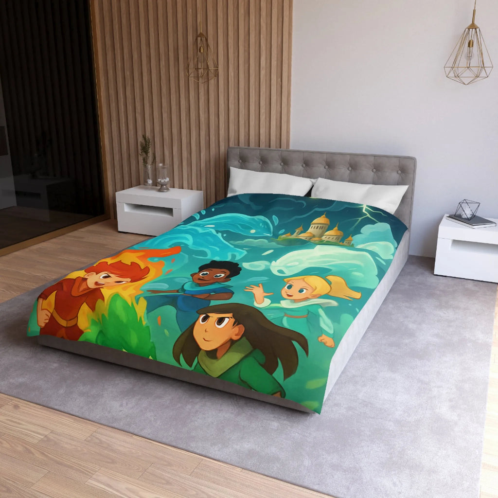 Housse de couette avec illustration de jeunes héros des éléments devant un château magique