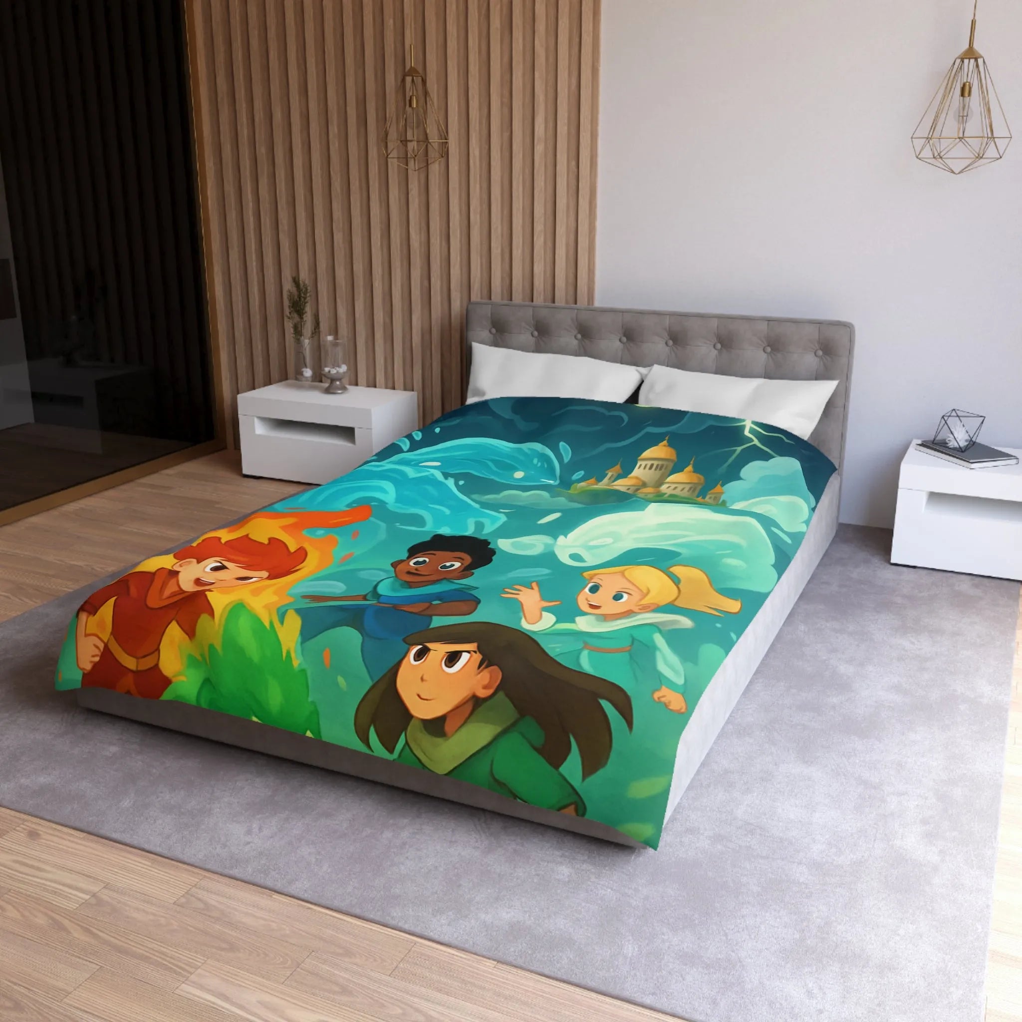 Housse de couette avec illustration de jeunes héros des éléments devant un château magique