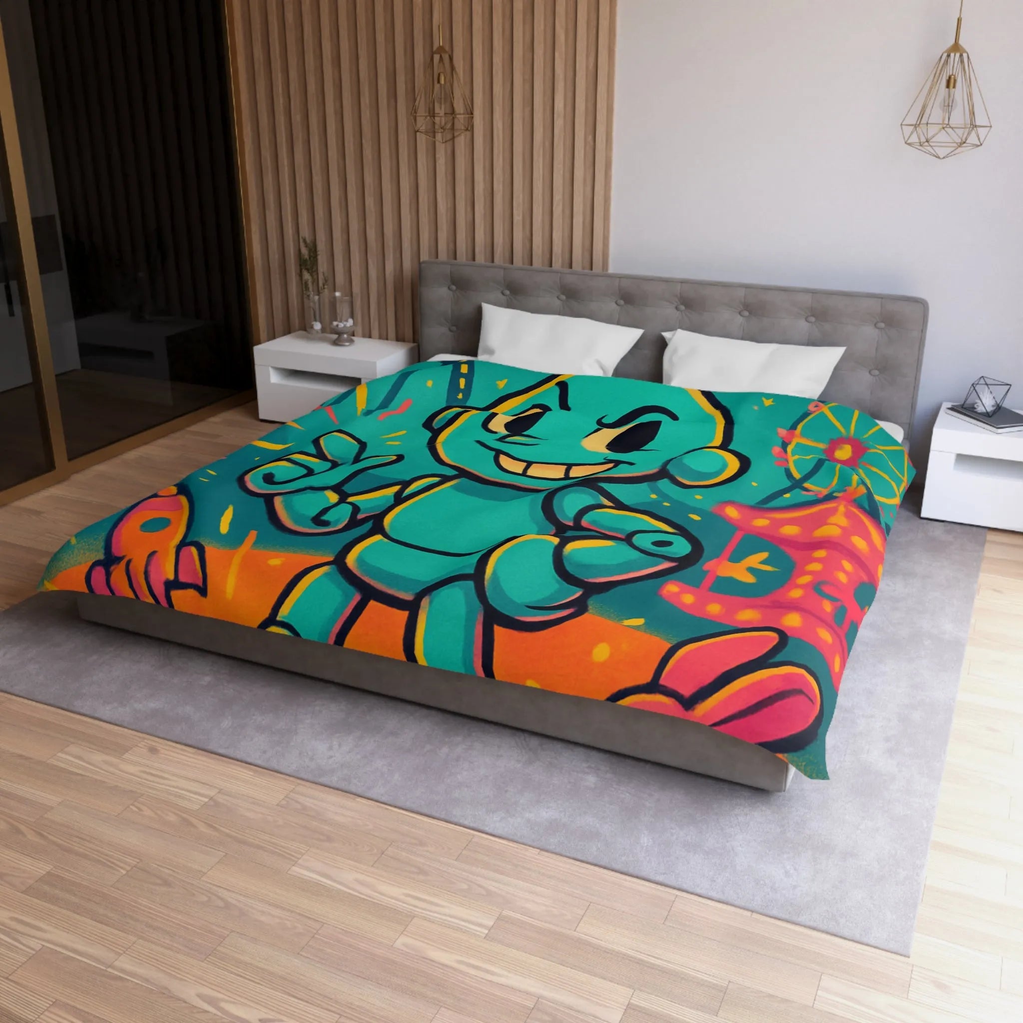 Housse de Couette Ludique avec Robot Jouet et Feux d’Artifice Multicolores pour Enfants